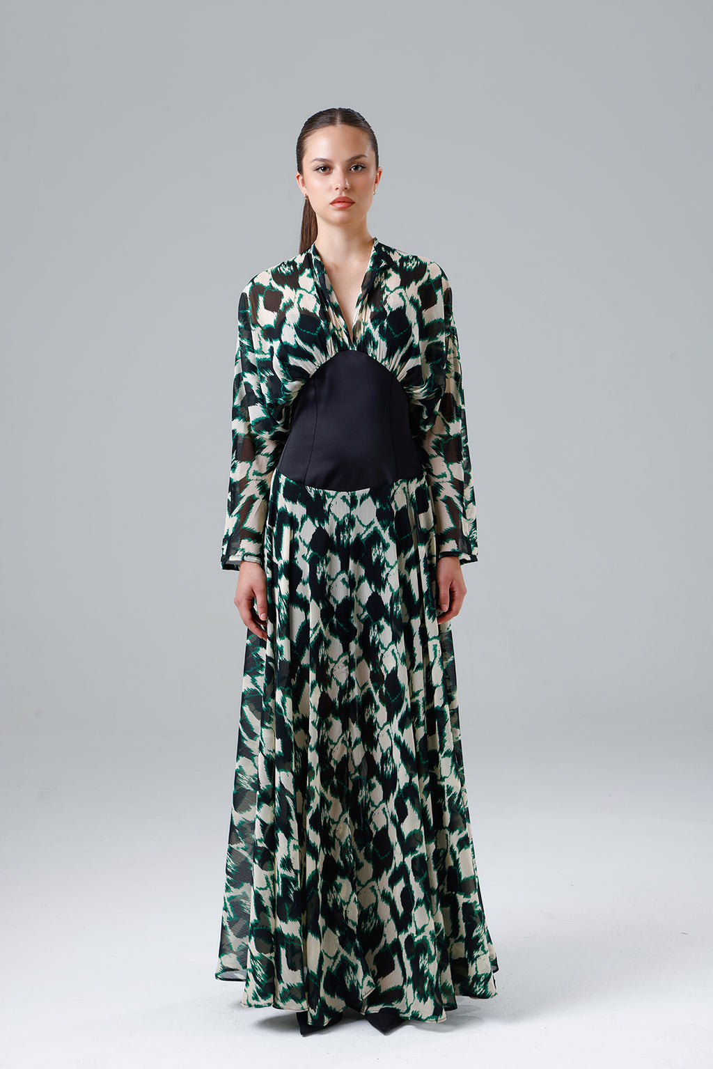 Green Patterned Slit Dress