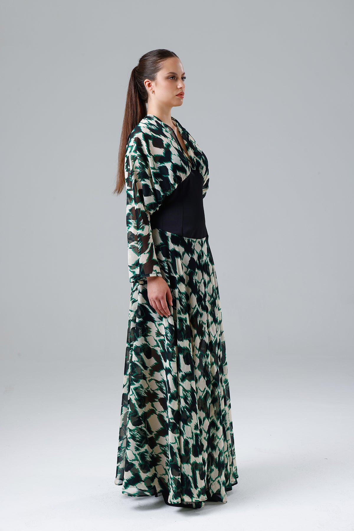 Green Patterned Slit Dress