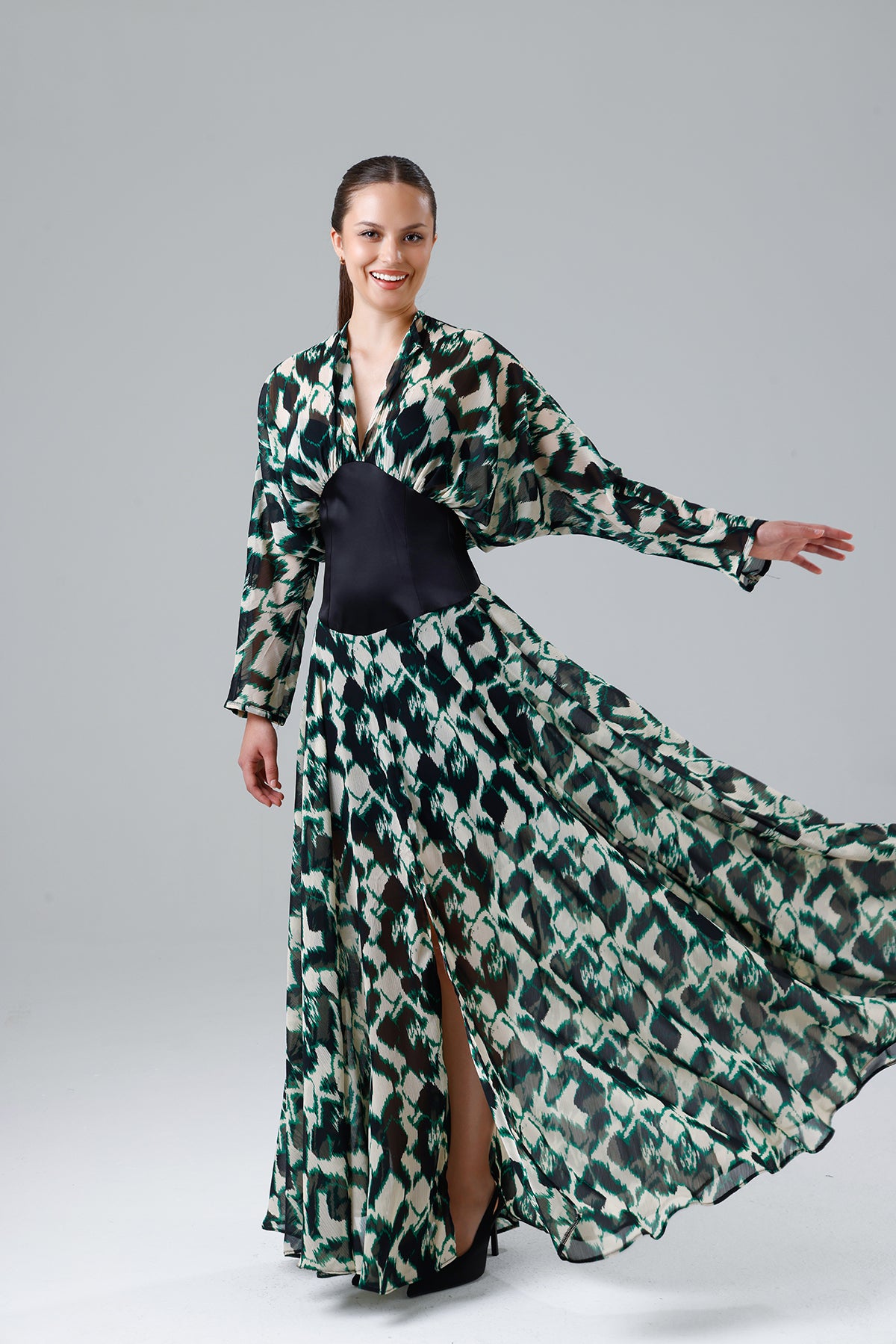 Green Patterned Slit Dress