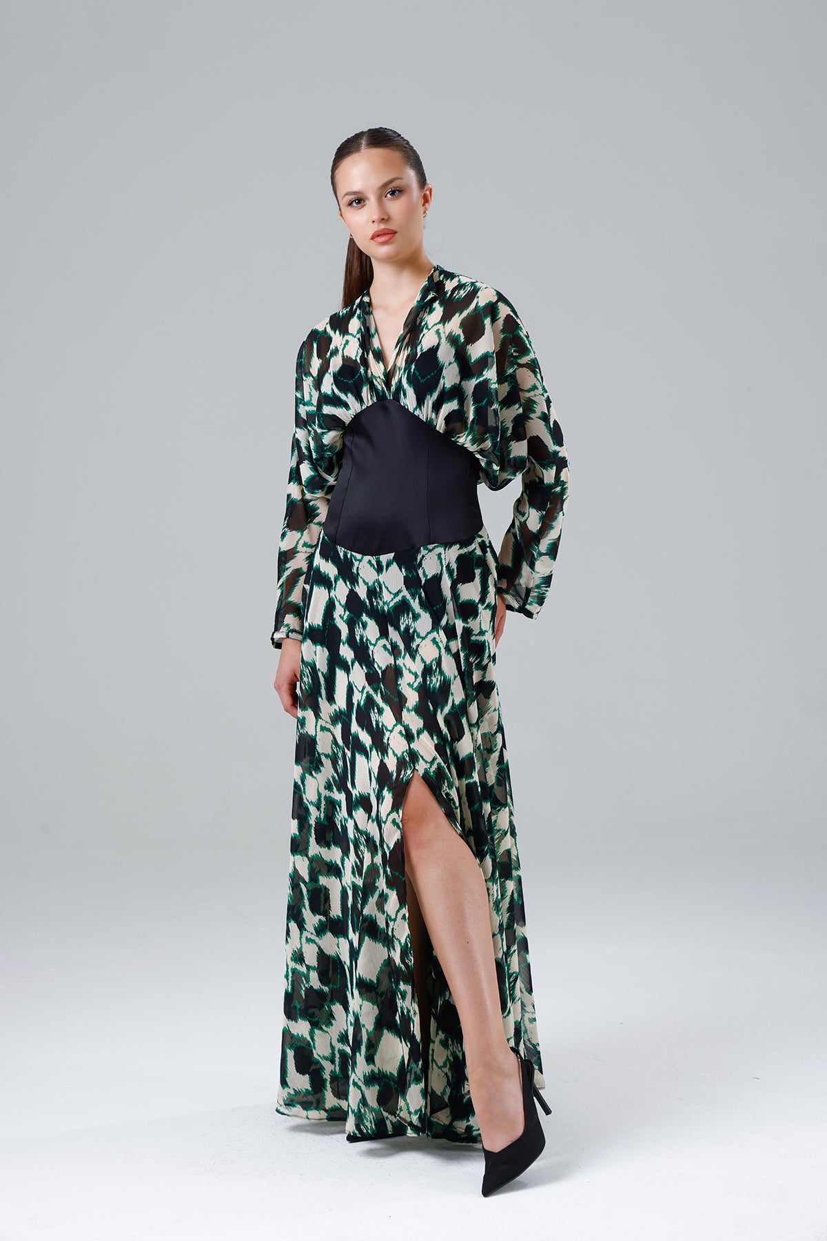 Green Patterned Slit Dress