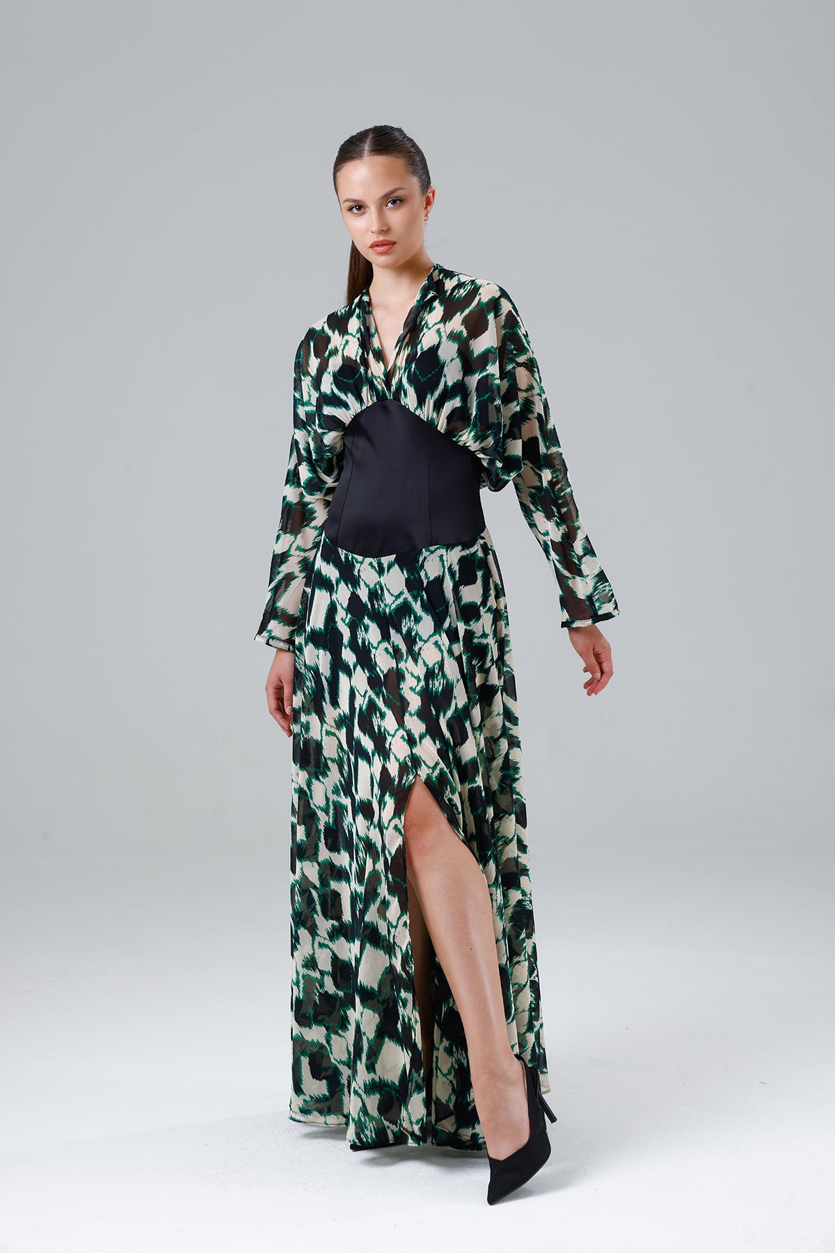 Green Patterned Slit Dress