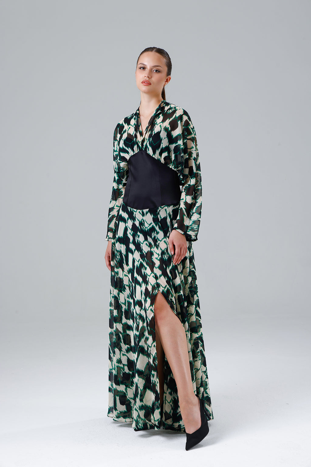 Green Patterned Slit Dress