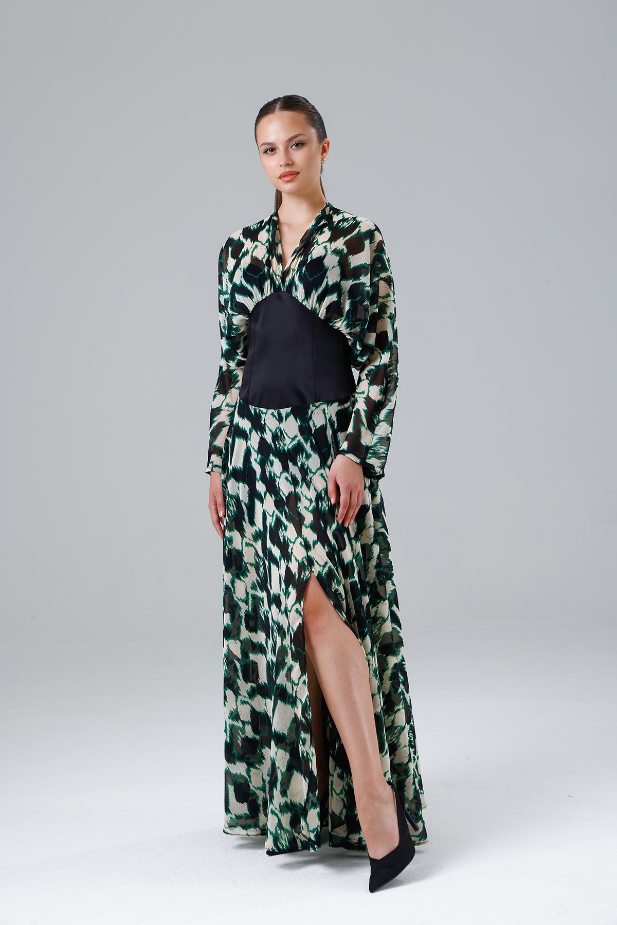Green Patterned Slit Dress
