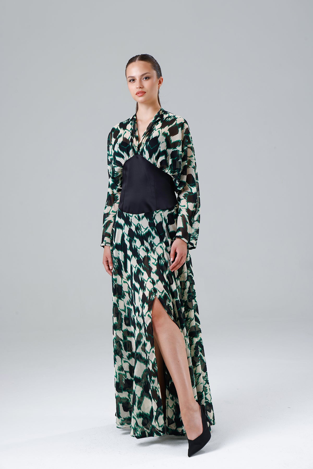 Green Patterned Slit Dress