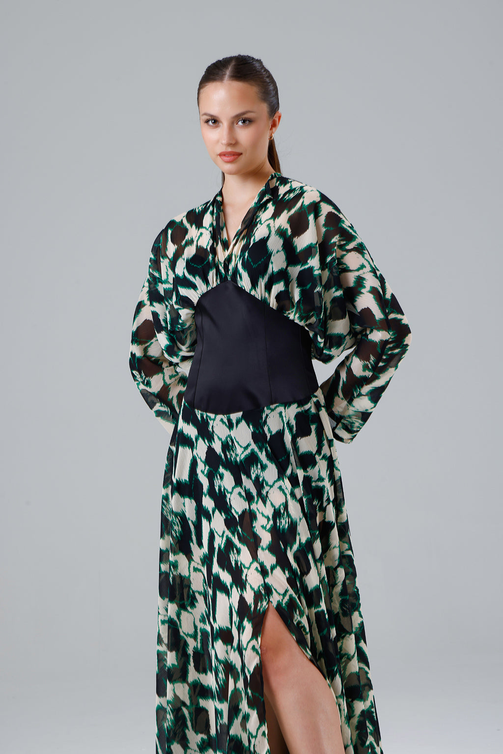 Green Patterned Slit Dress