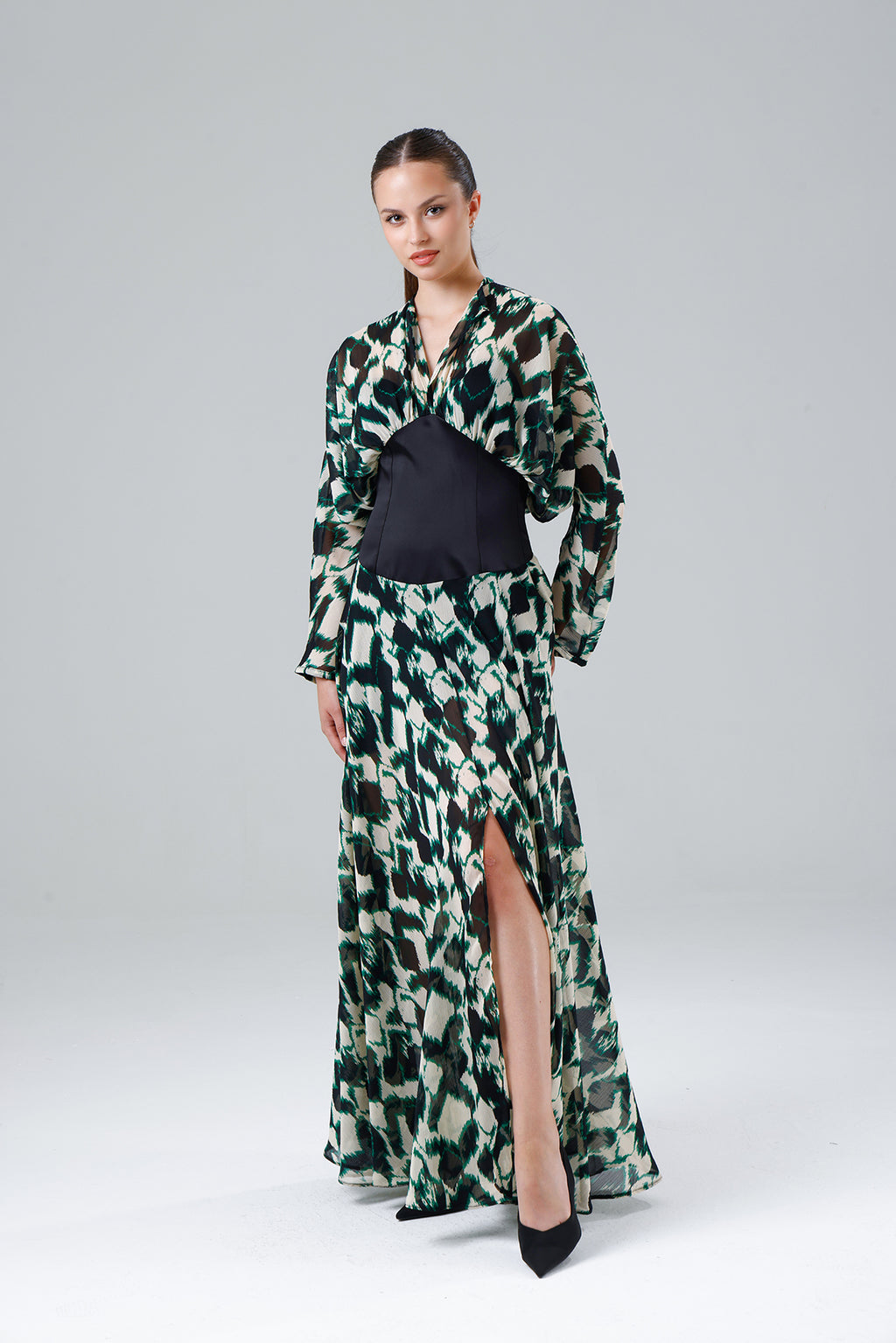 Green Patterned Slit Dress