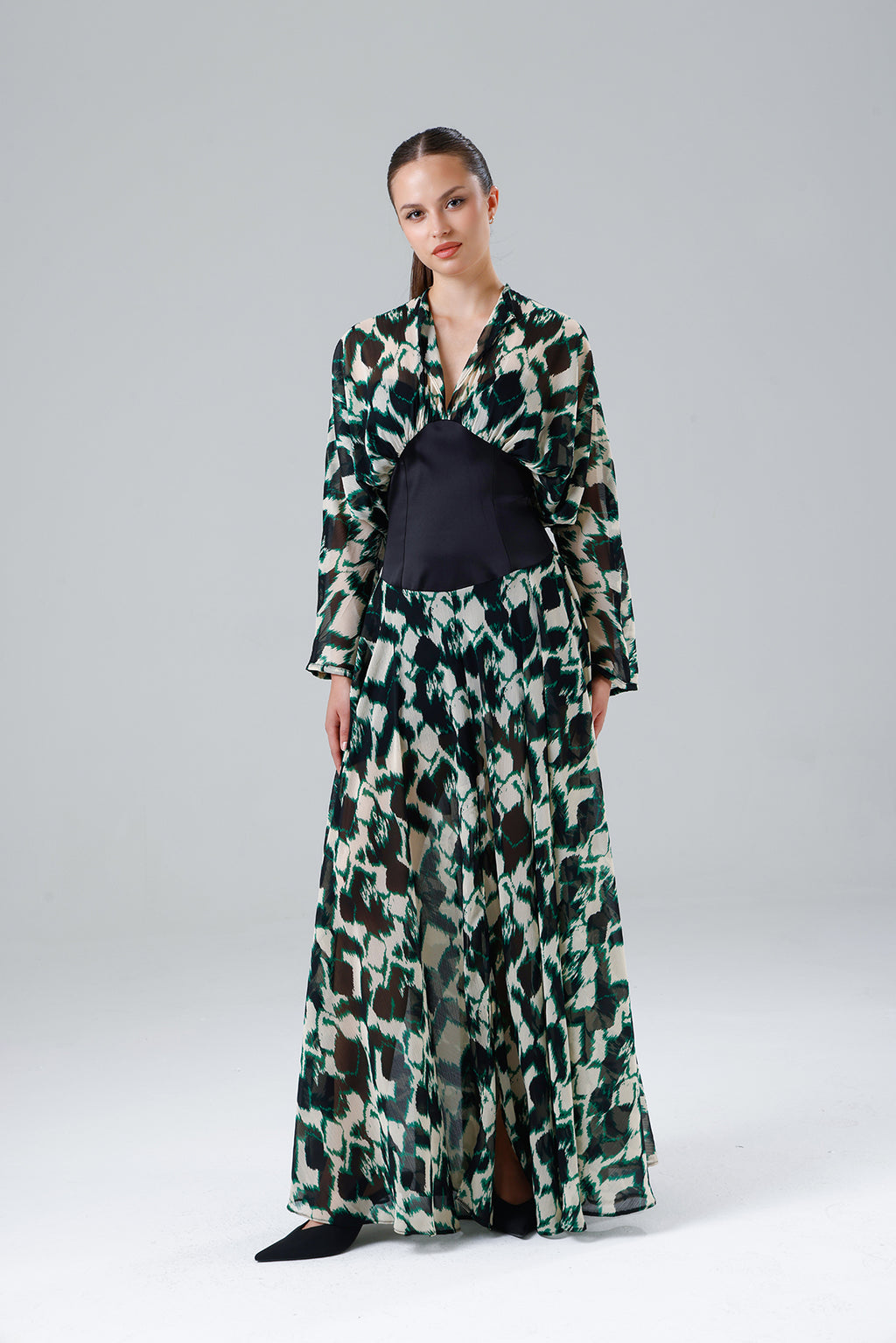 Green Patterned Slit Dress