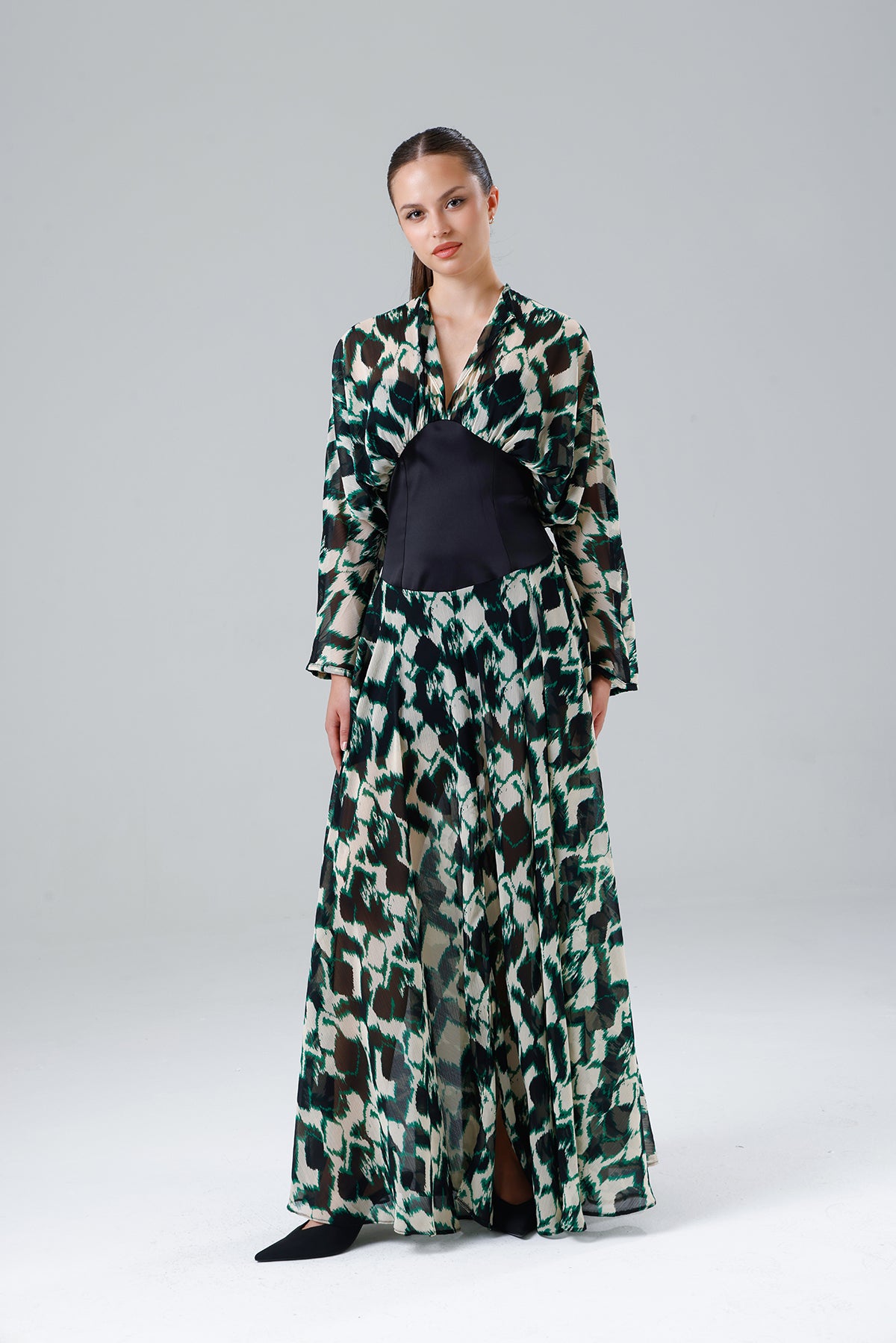 Green Patterned Slit Dress