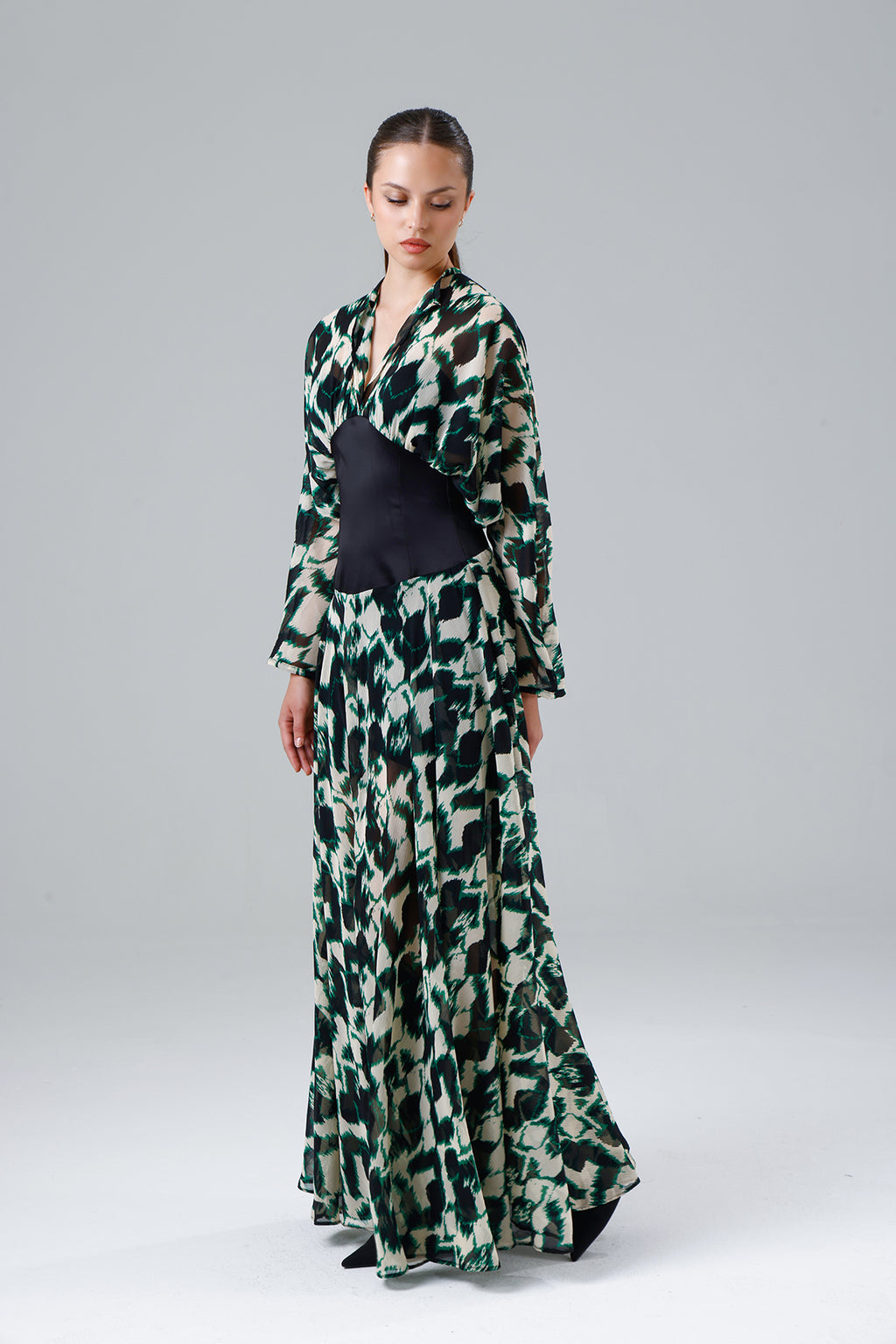 Green Patterned Slit Dress