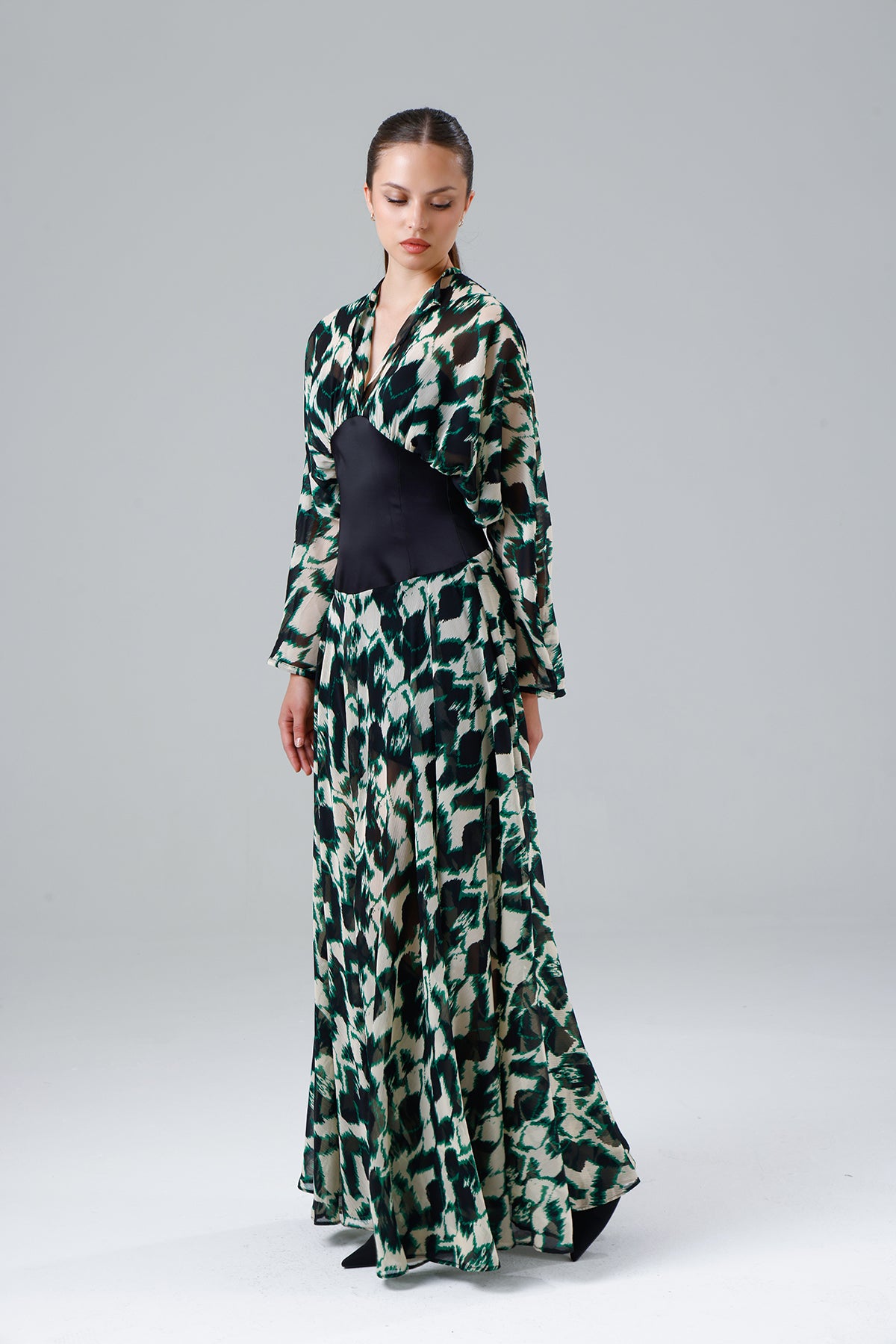 Green Patterned Slit Dress