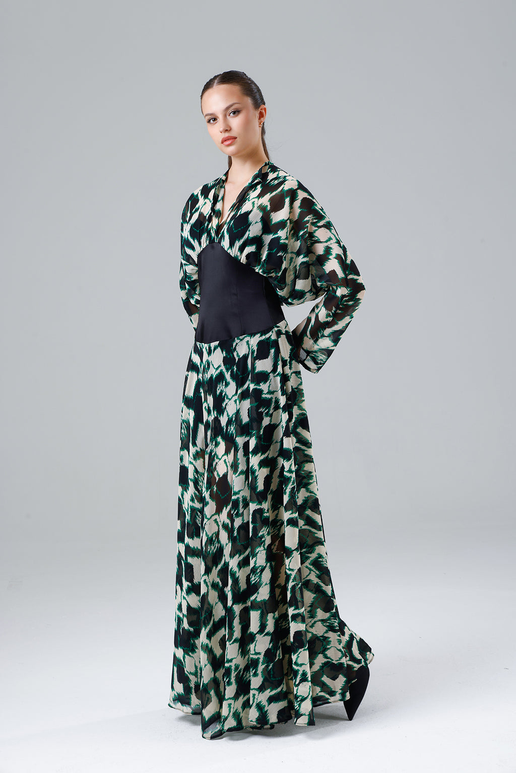 Green Patterned Slit Dress