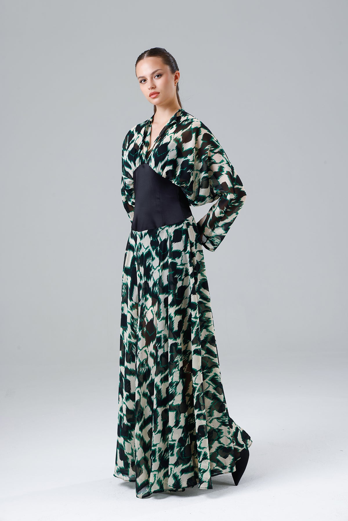 Green Patterned Slit Dress