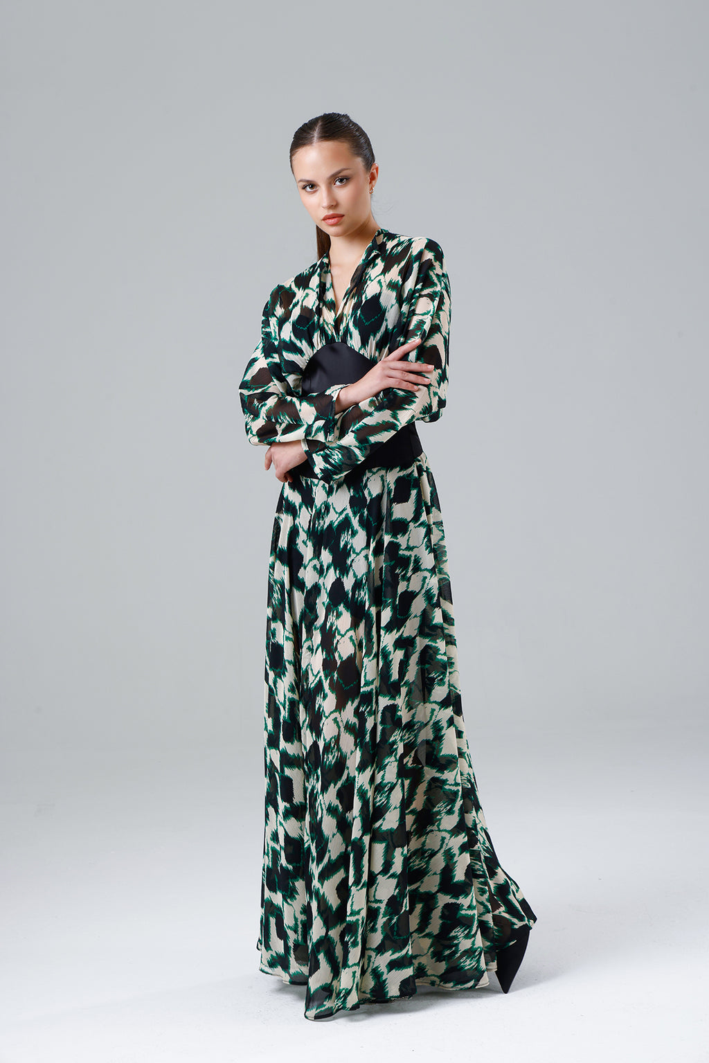 Green Patterned Slit Dress