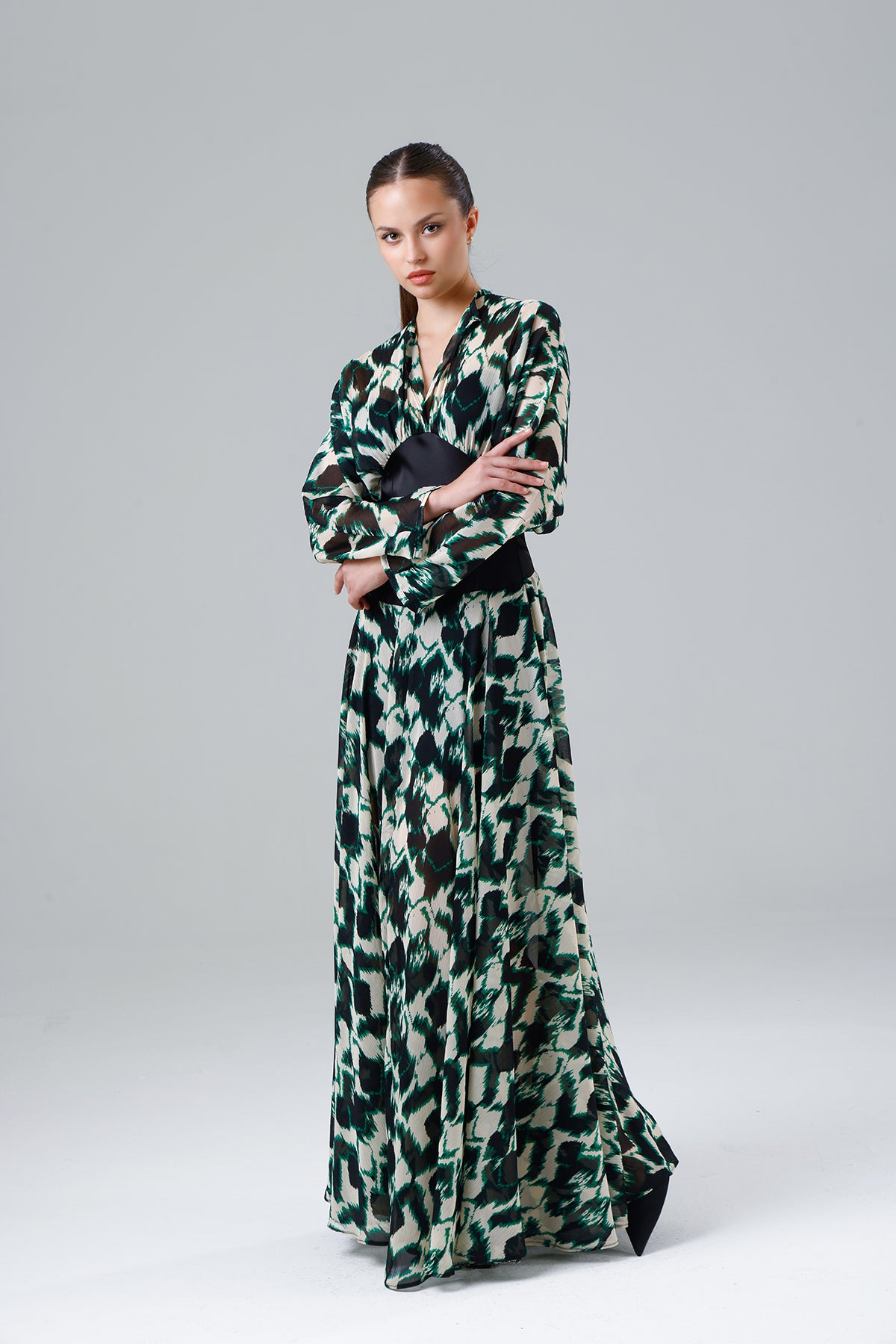 Green Patterned Slit Dress