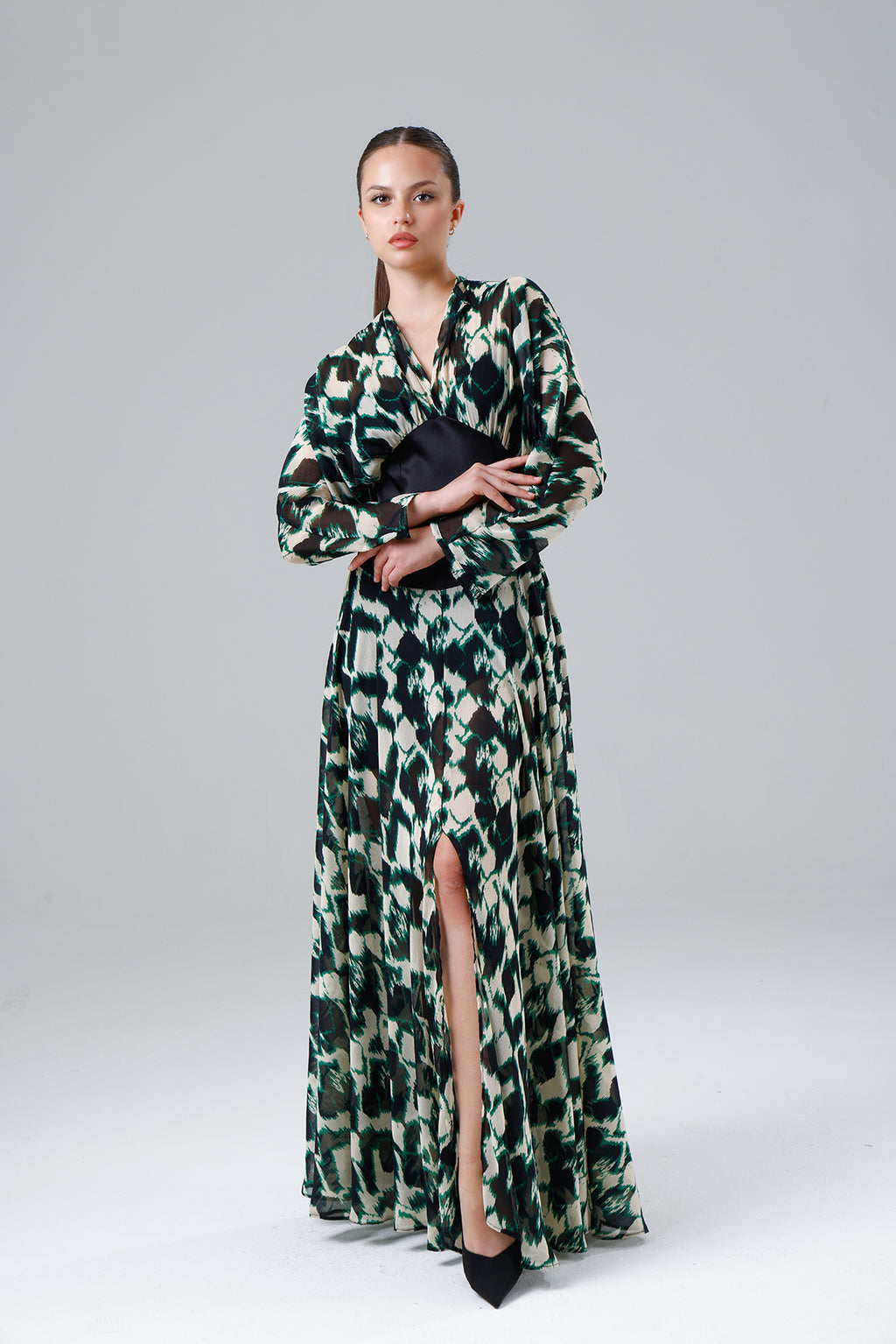 Green Patterned Slit Dress