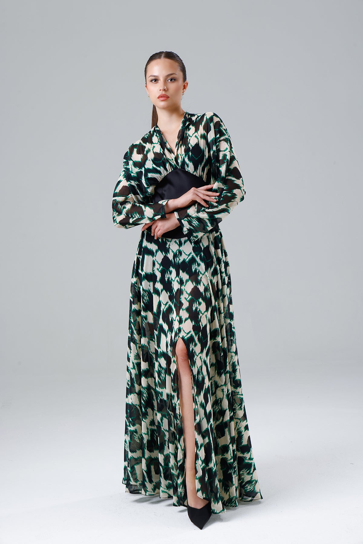 Green Patterned Slit Dress