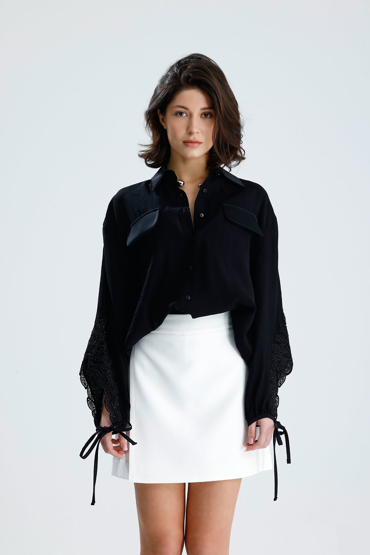 Black Lace Sleeve Tie-Cuff Blouse