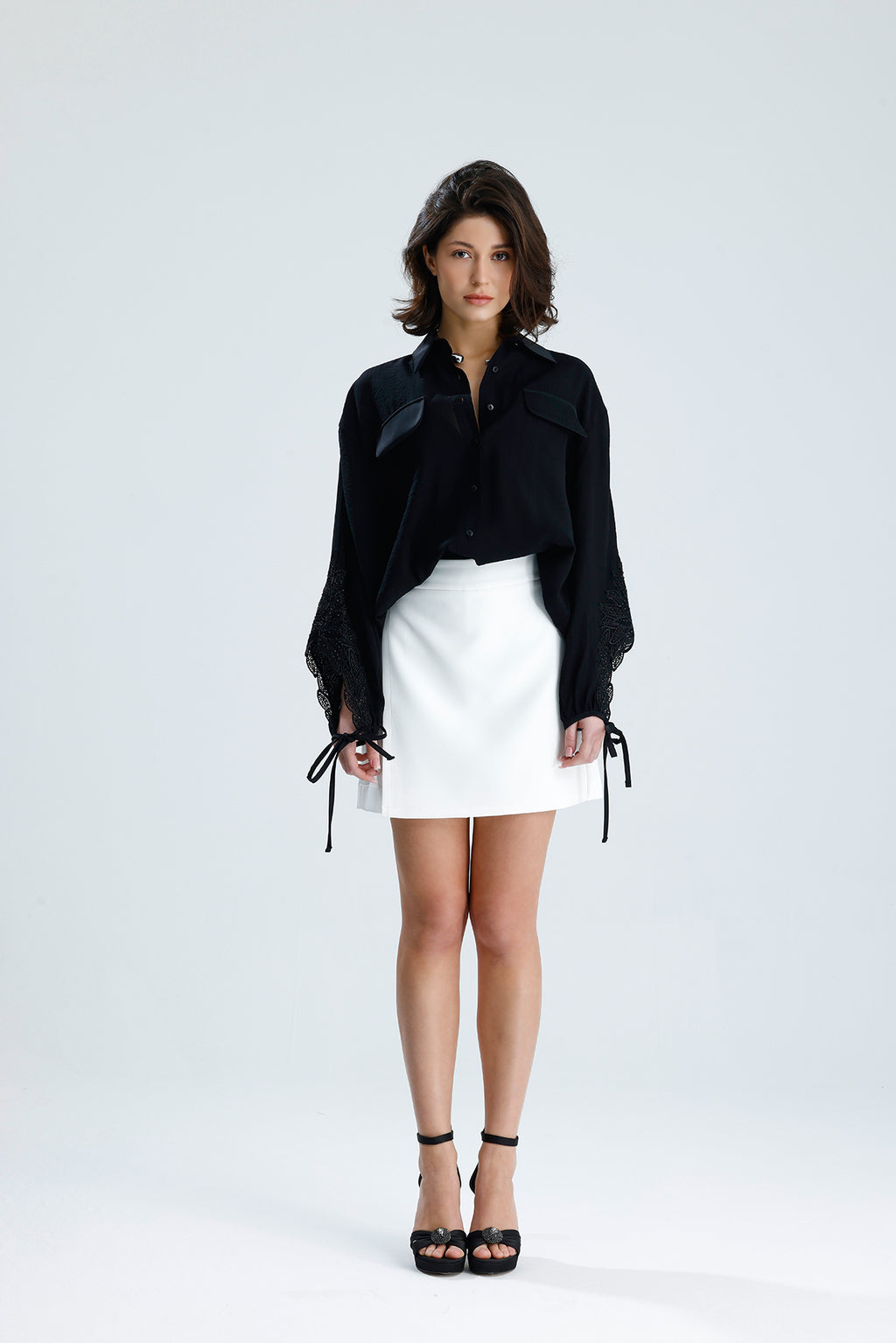 Black Lace Sleeve Tie-Cuff Blouse