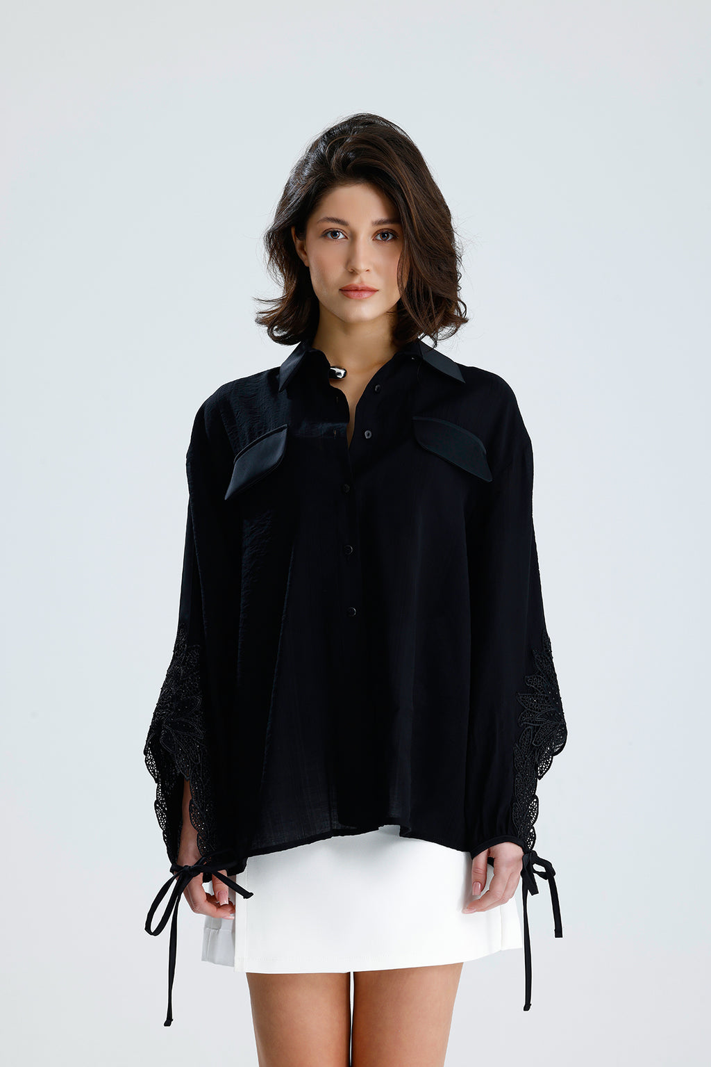 Black Lace Sleeve Tie-Cuff Blouse