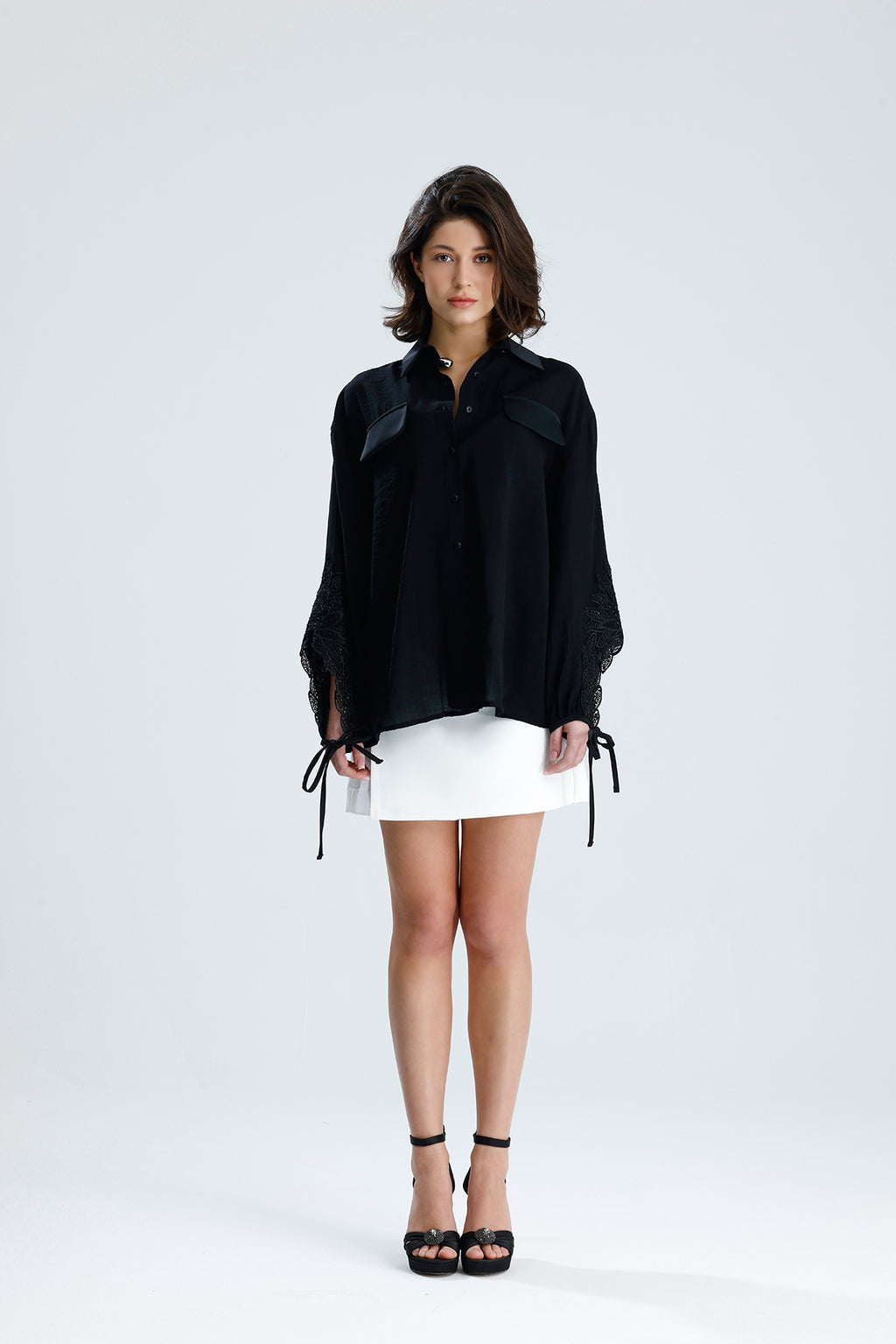 Black Lace Sleeve Tie-Cuff Blouse