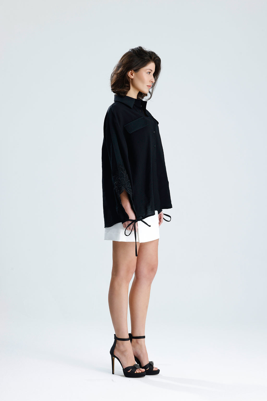 Black Lace Sleeve Tie-Cuff Blouse