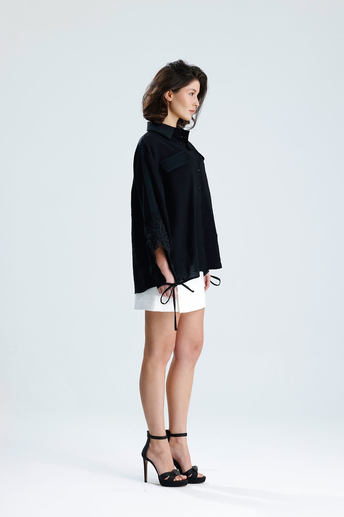 Black Lace Sleeve Tie-Cuff Blouse