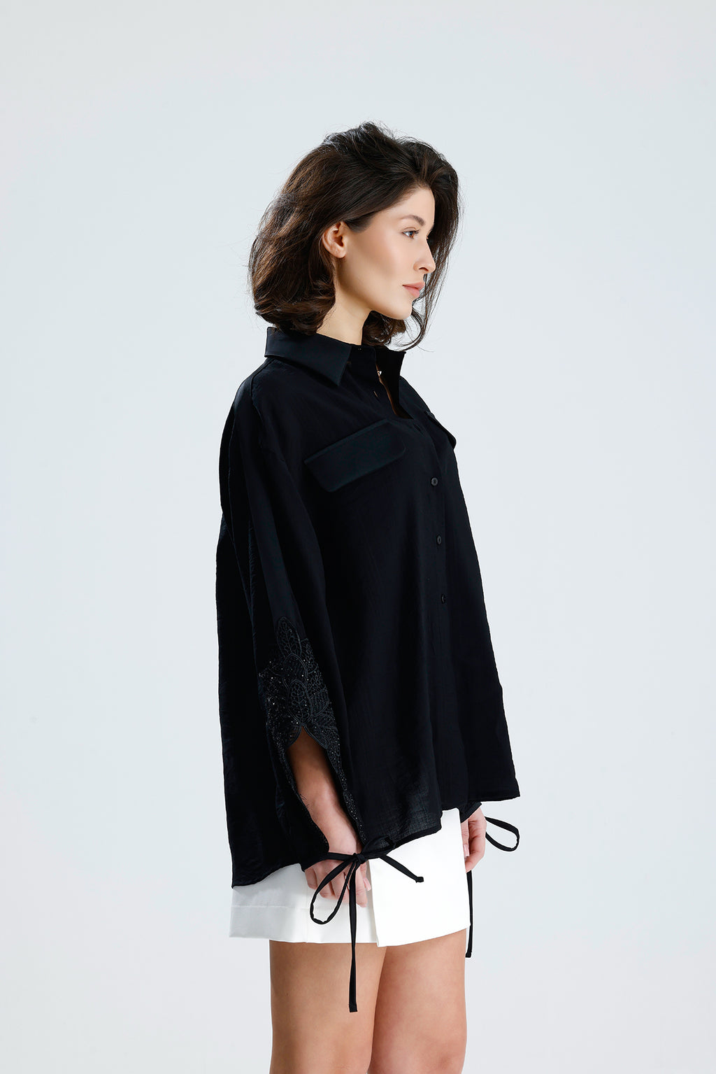 Black Lace Sleeve Tie-Cuff Blouse