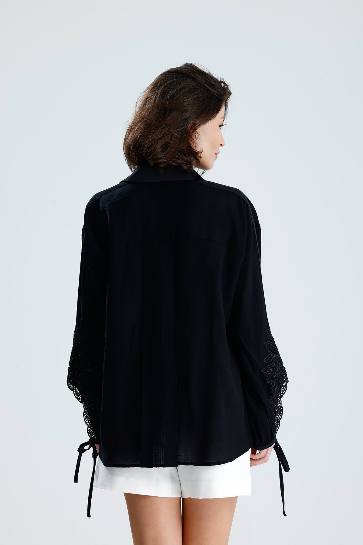 Black Lace Sleeve Tie-Cuff Blouse