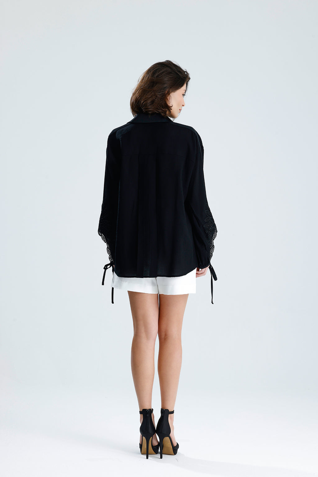 Black Lace Sleeve Tie-Cuff Blouse
