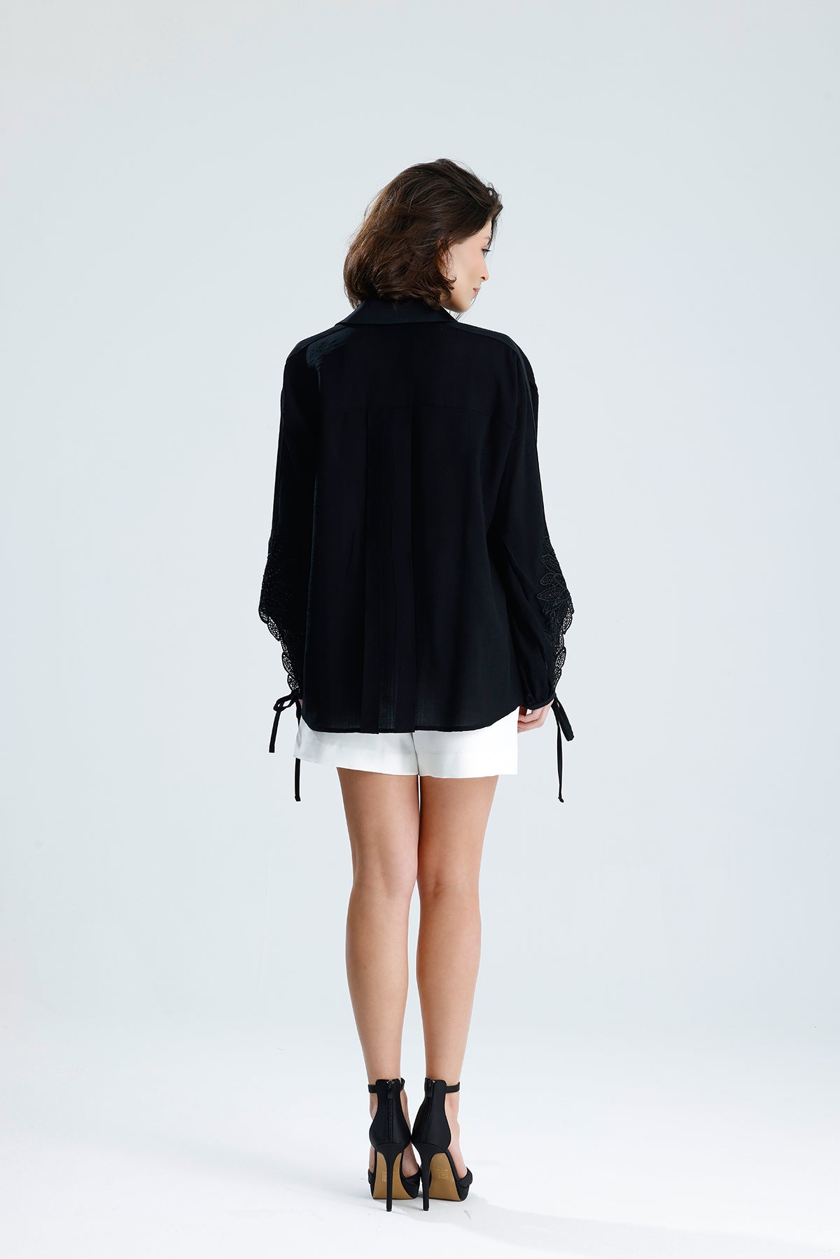 Black Lace Sleeve Tie-Cuff Blouse
