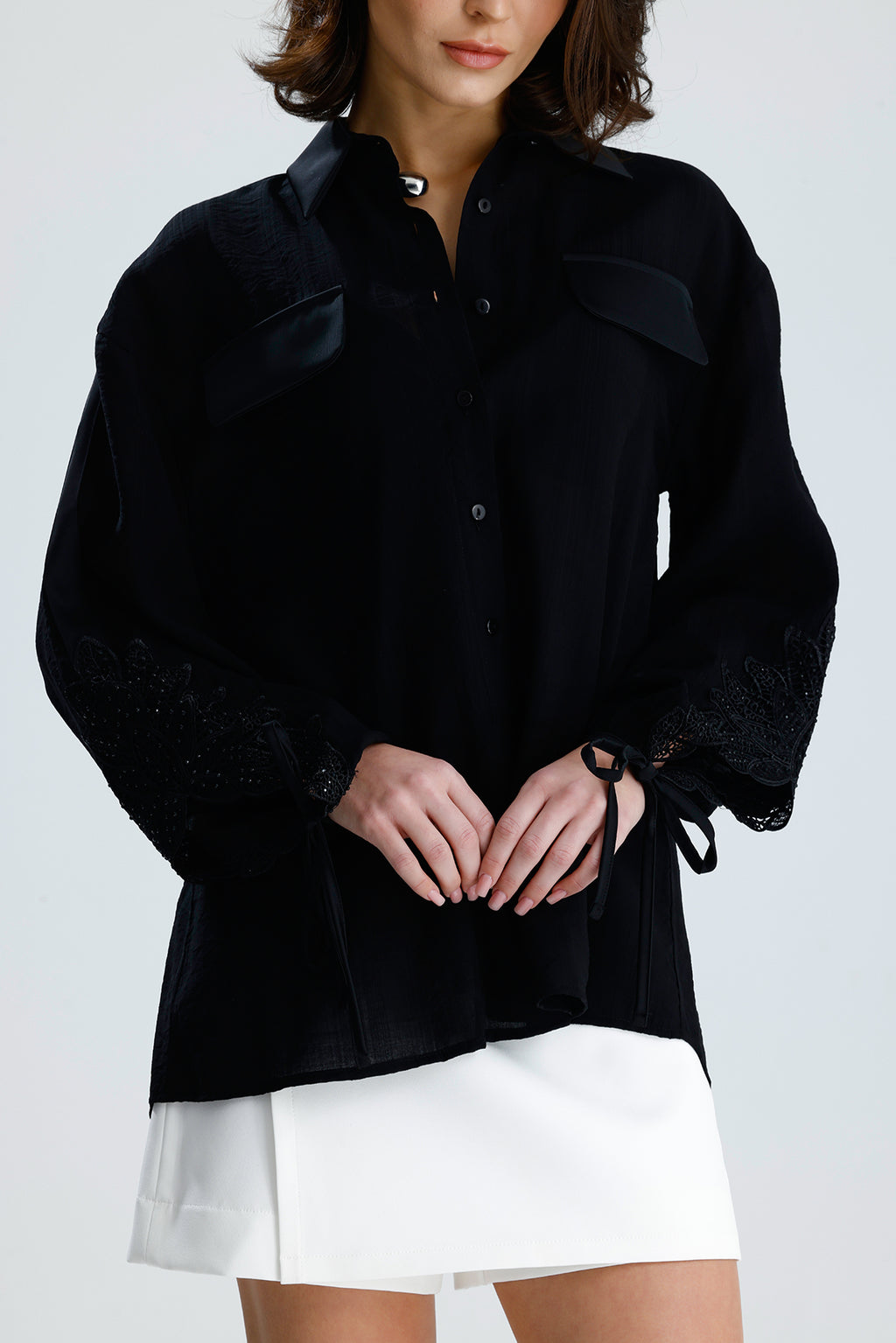 Black Lace Sleeve Tie-Cuff Blouse