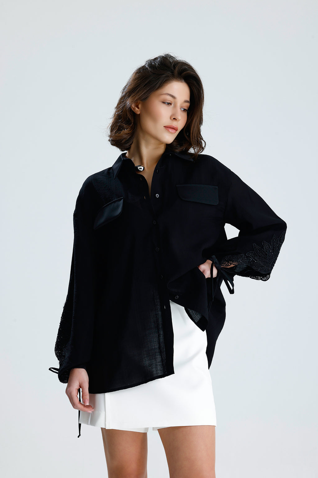 Black Lace Sleeve Tie-Cuff Blouse