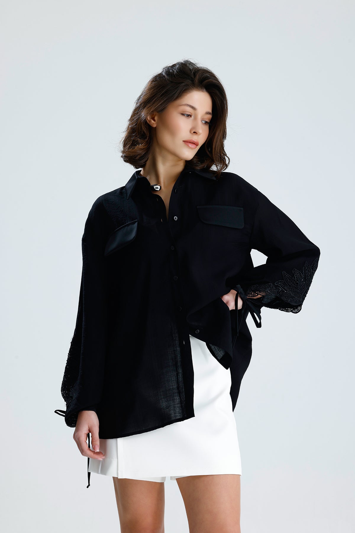 Black Lace Sleeve Tie-Cuff Blouse