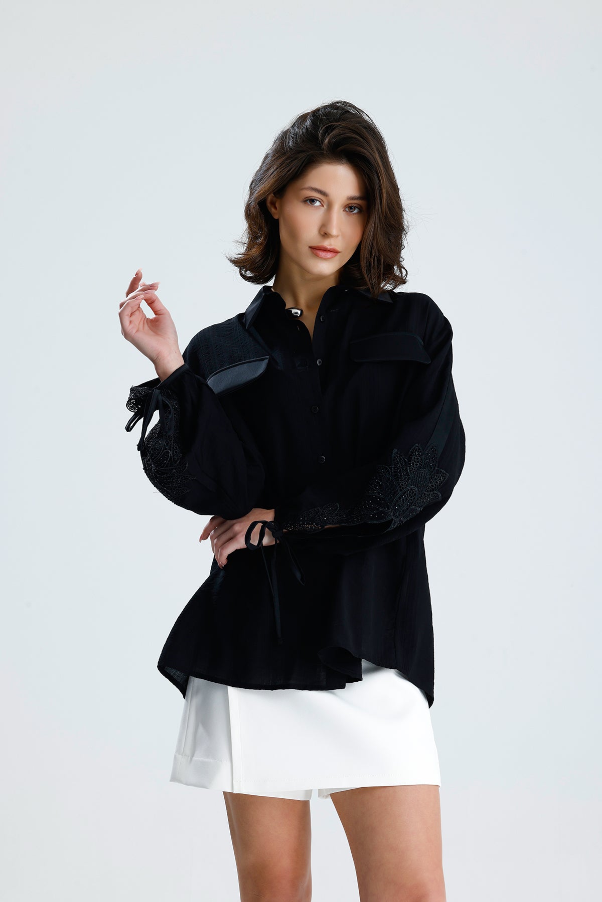 Black Lace Sleeve Tie-Cuff Blouse