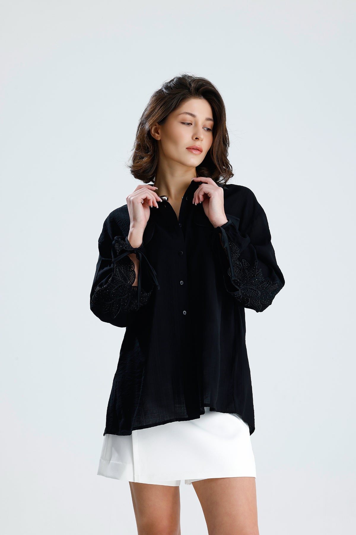 Black Lace Sleeve Tie-Cuff Blouse
