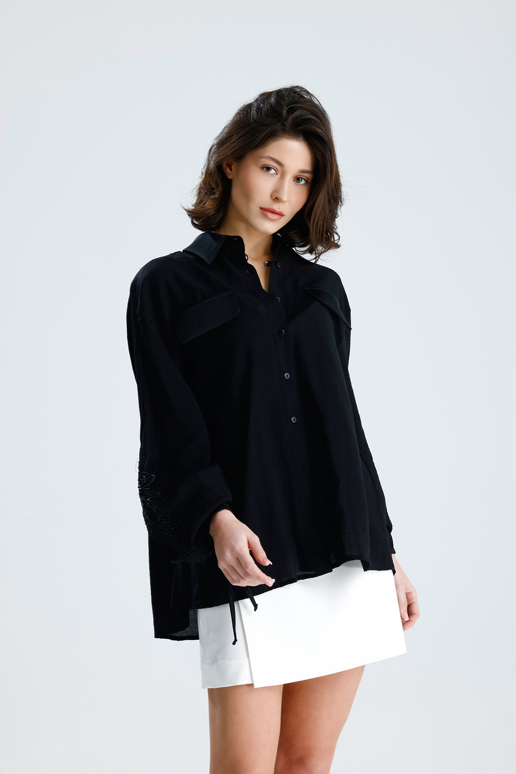 Black Lace Sleeve Tie-Cuff Blouse