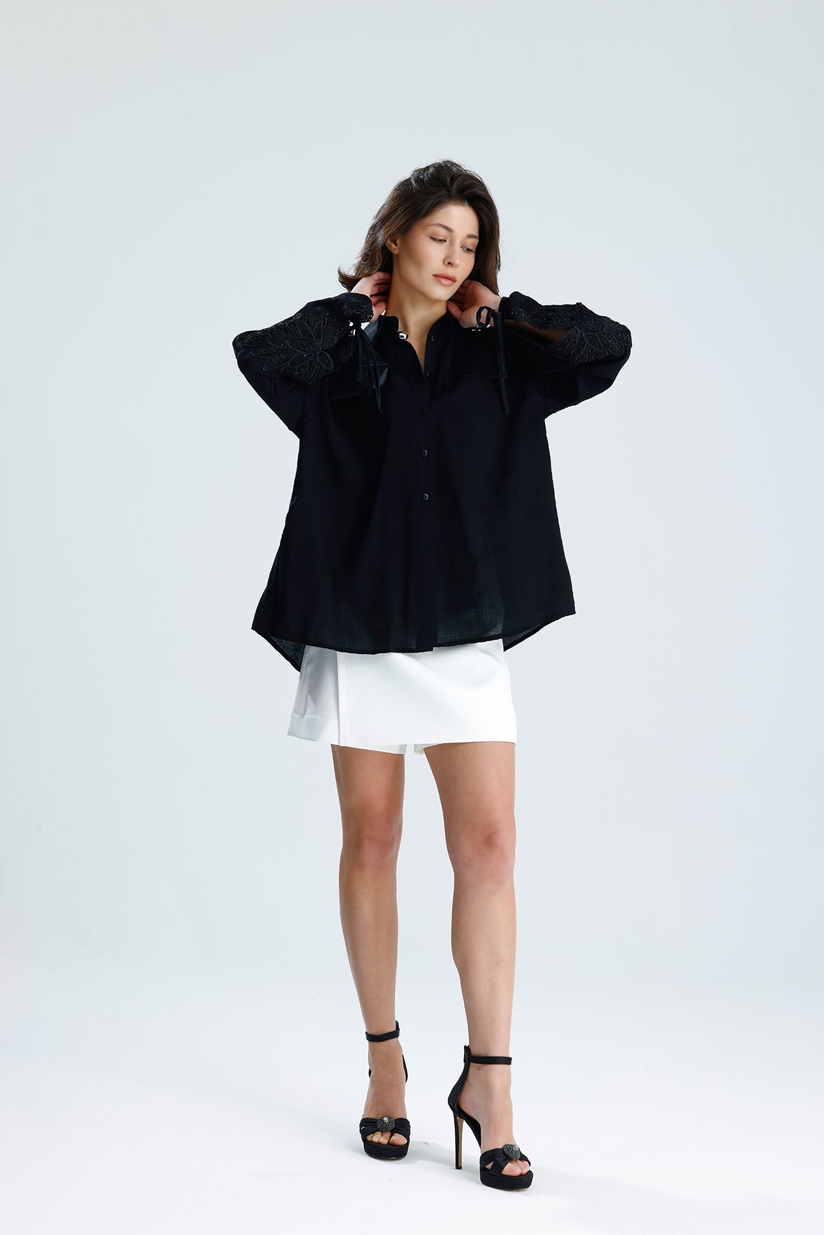 Black Lace Sleeve Tie-Cuff Blouse