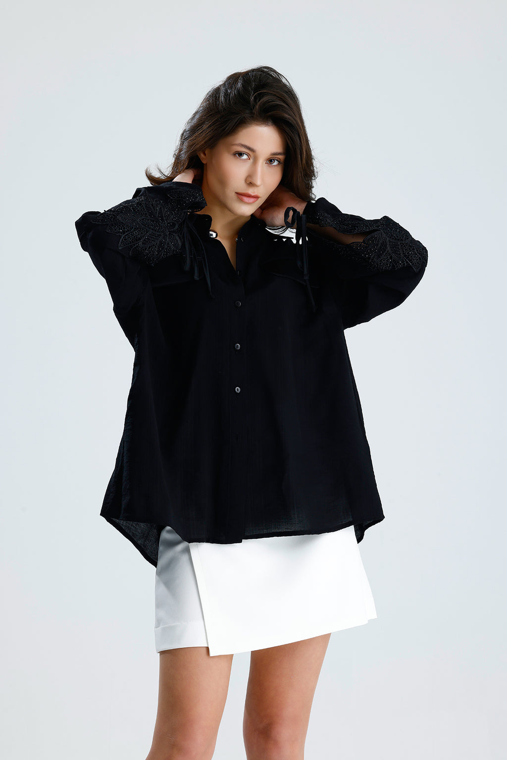 Black Lace Sleeve Tie-Cuff Blouse