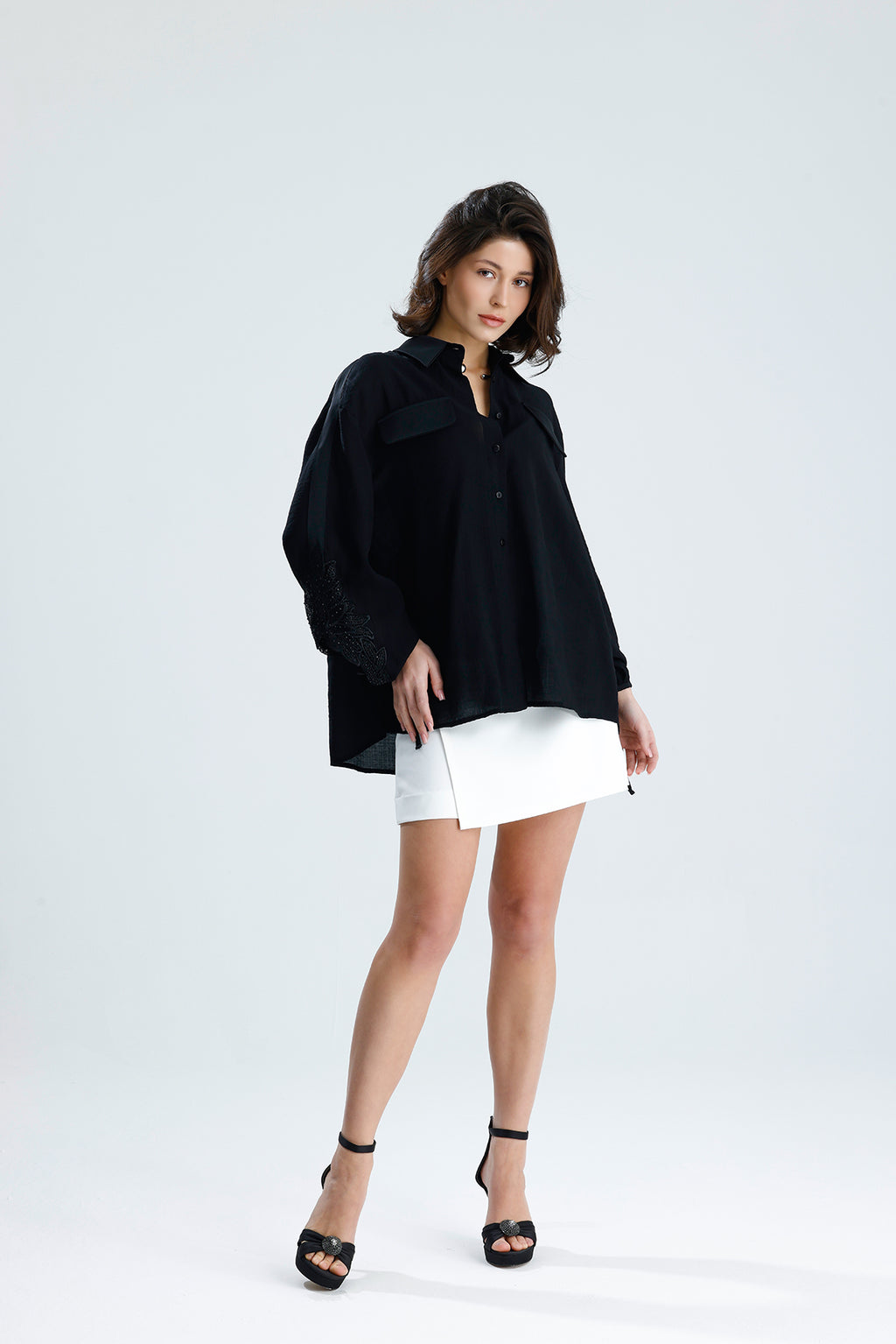 Black Lace Sleeve Tie-Cuff Blouse