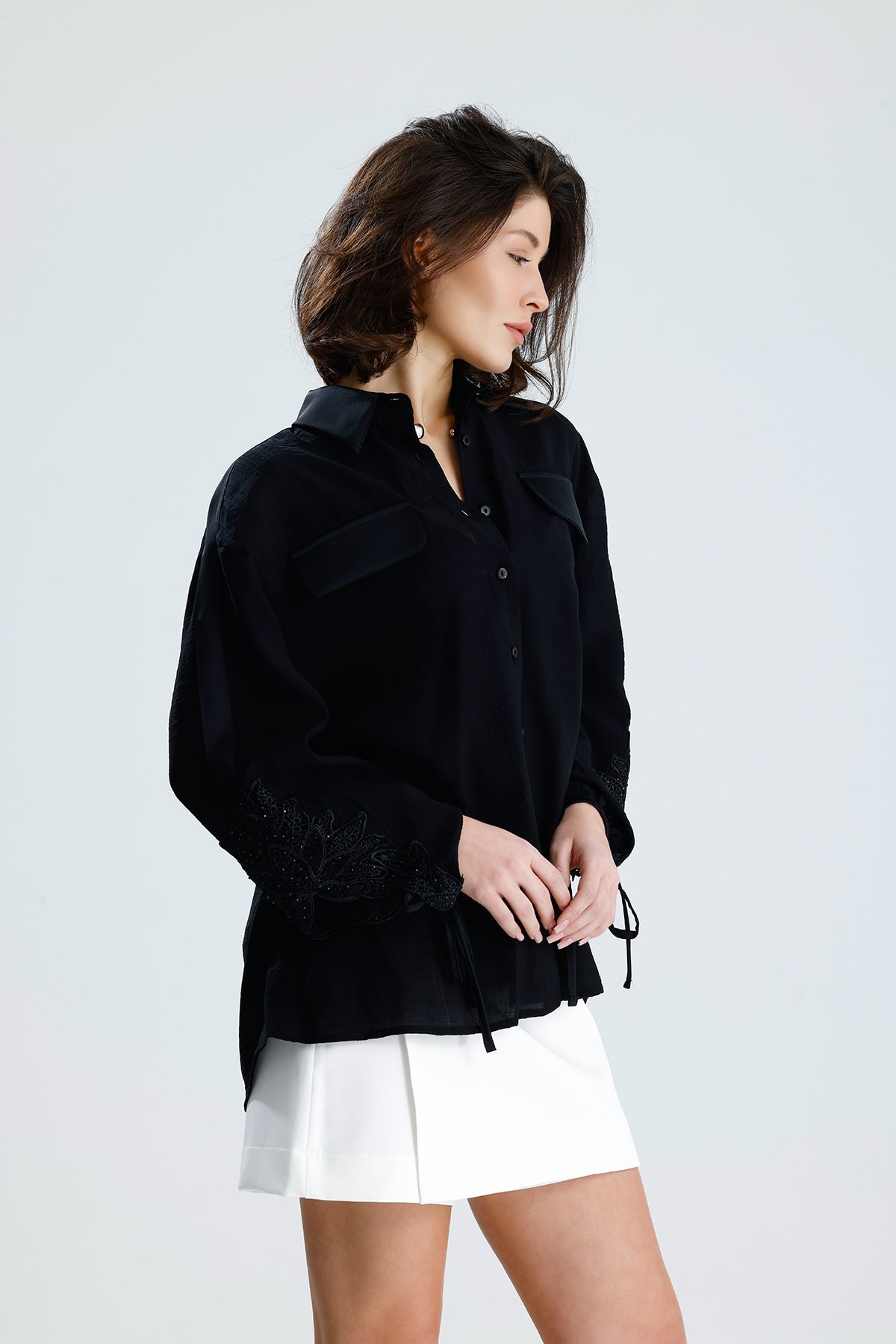 Black Lace Sleeve Tie-Cuff Blouse