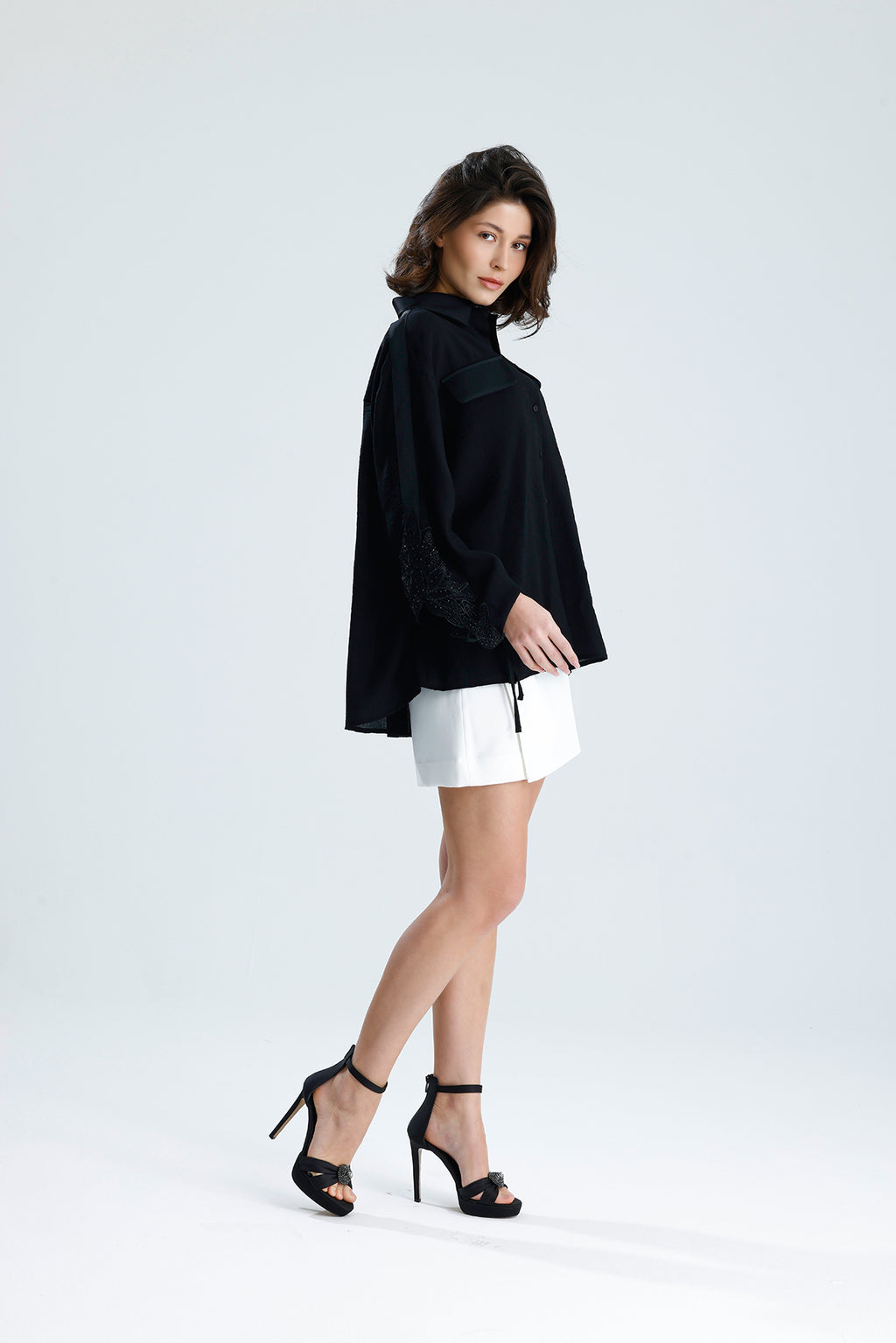 Black Lace Sleeve Tie-Cuff Blouse