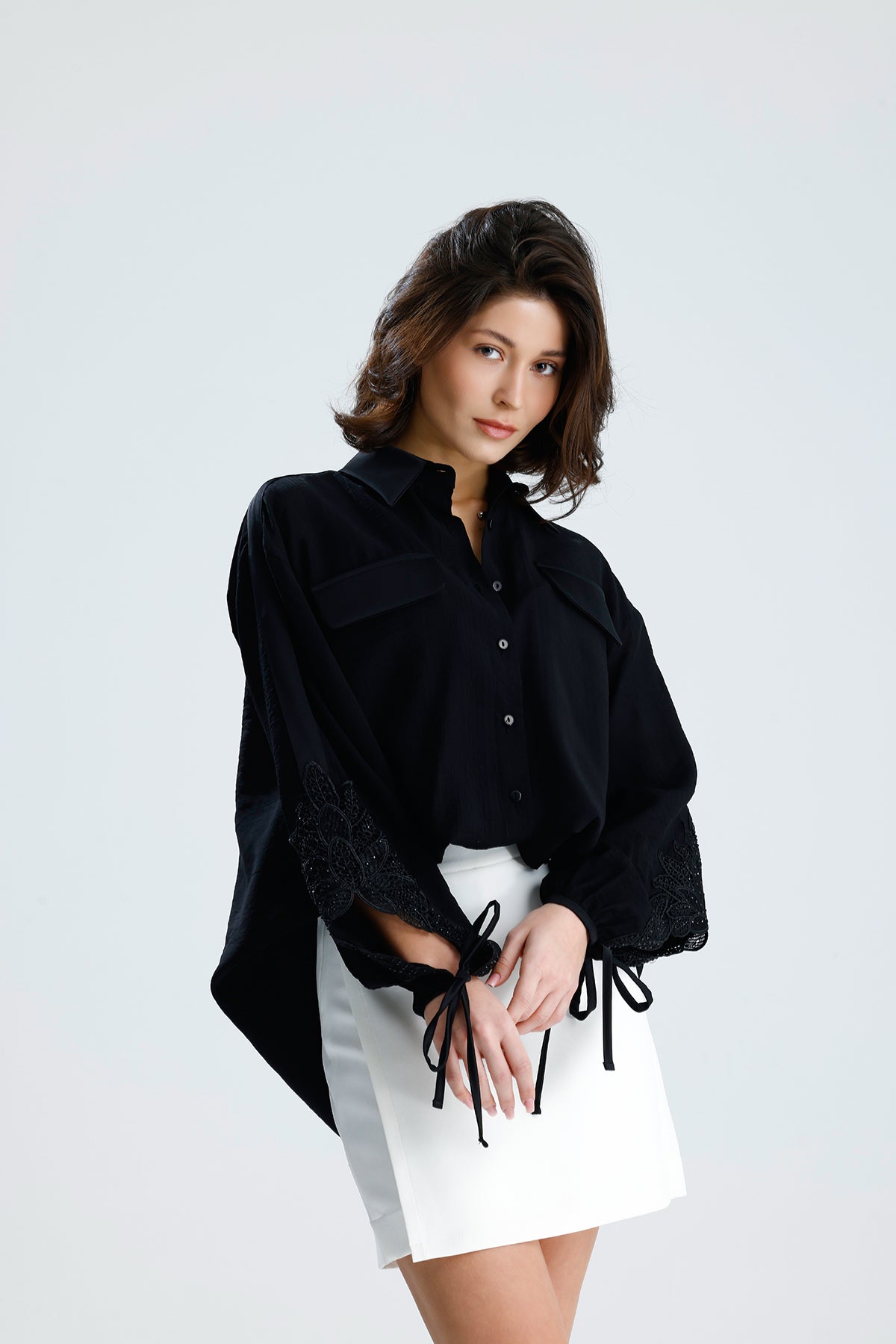 Black Lace Sleeve Tie-Cuff Blouse