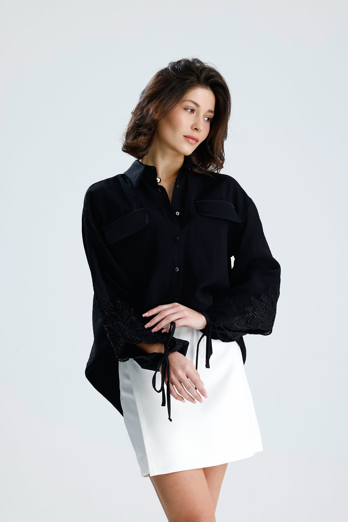 Black Lace Sleeve Tie-Cuff Blouse