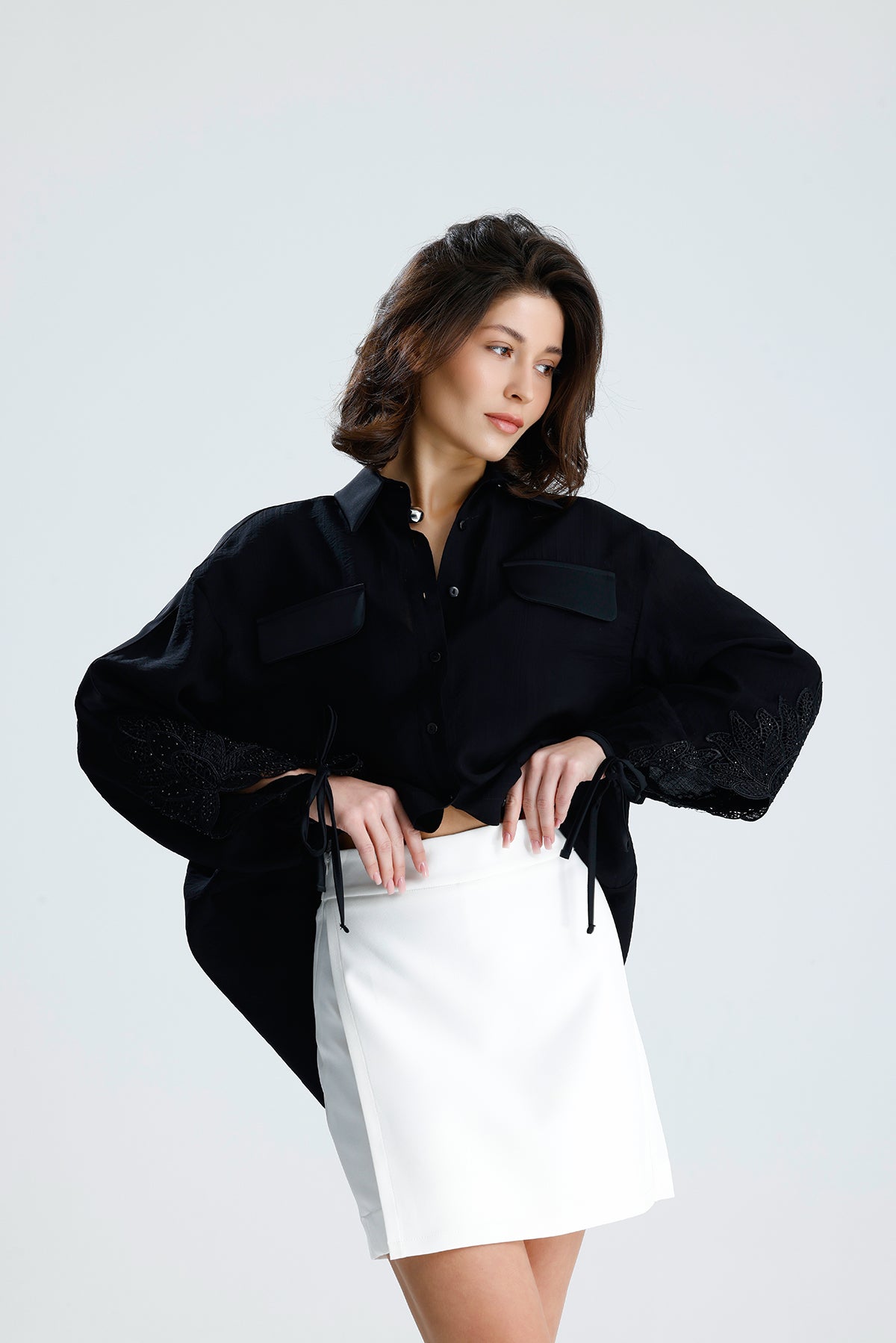 Black Lace Sleeve Tie-Cuff Blouse