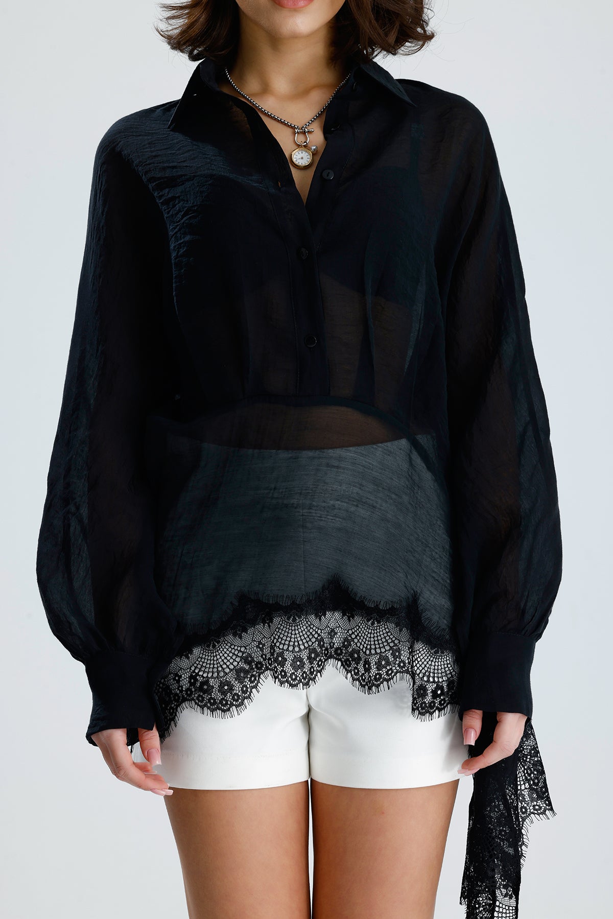 Black Asymmetric Lace Detail Blouse