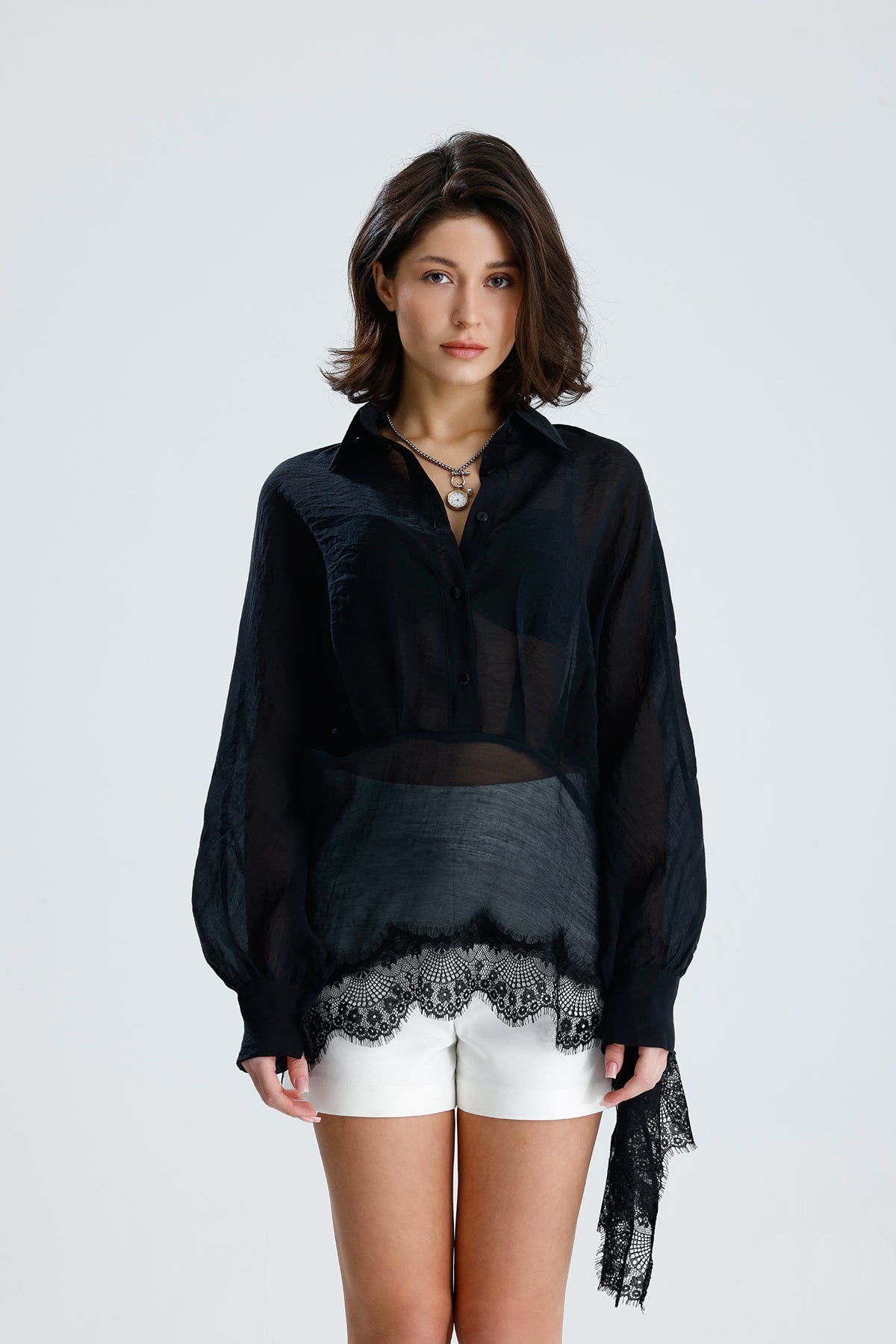 Black Asymmetric Lace Detail Blouse