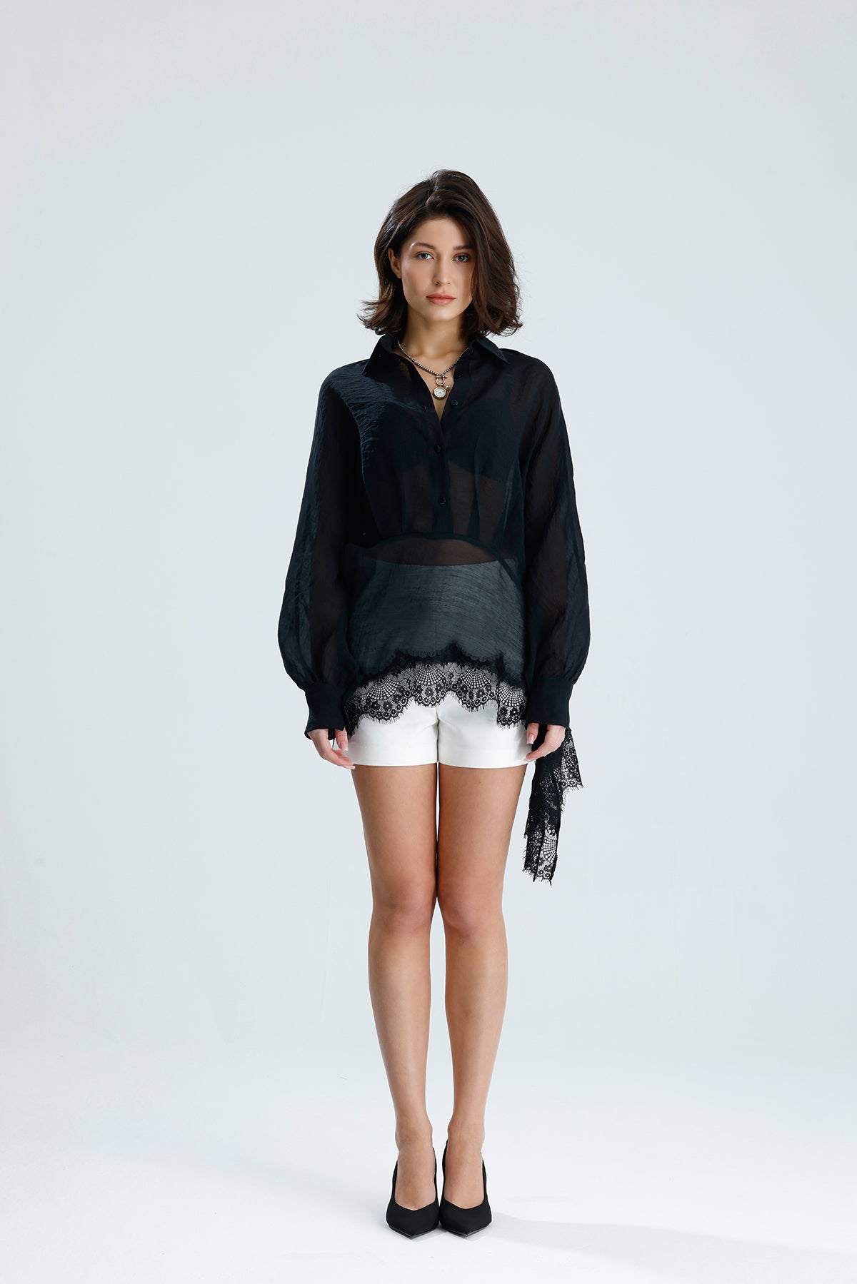 Black Asymmetric Lace Detail Blouse