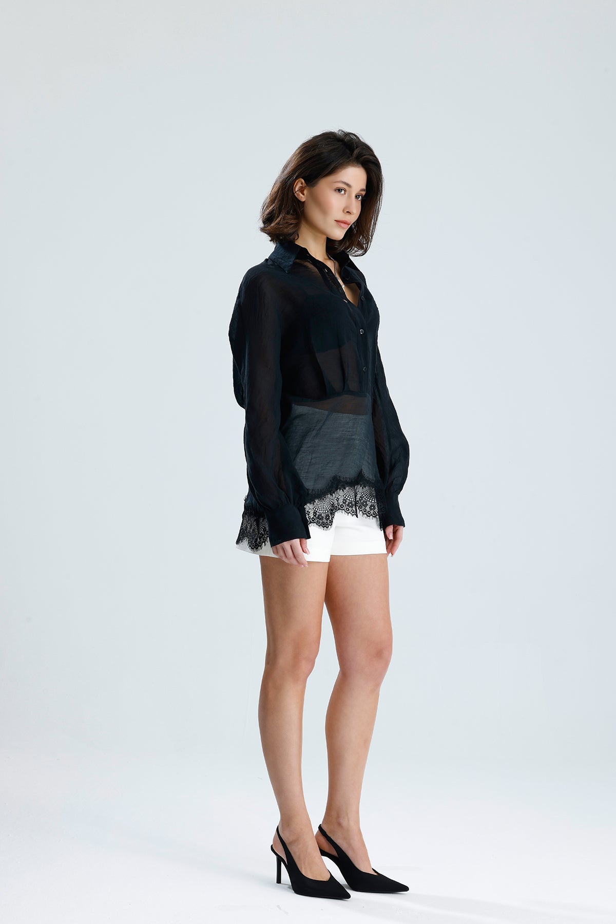 Black Asymmetric Lace Detail Blouse
