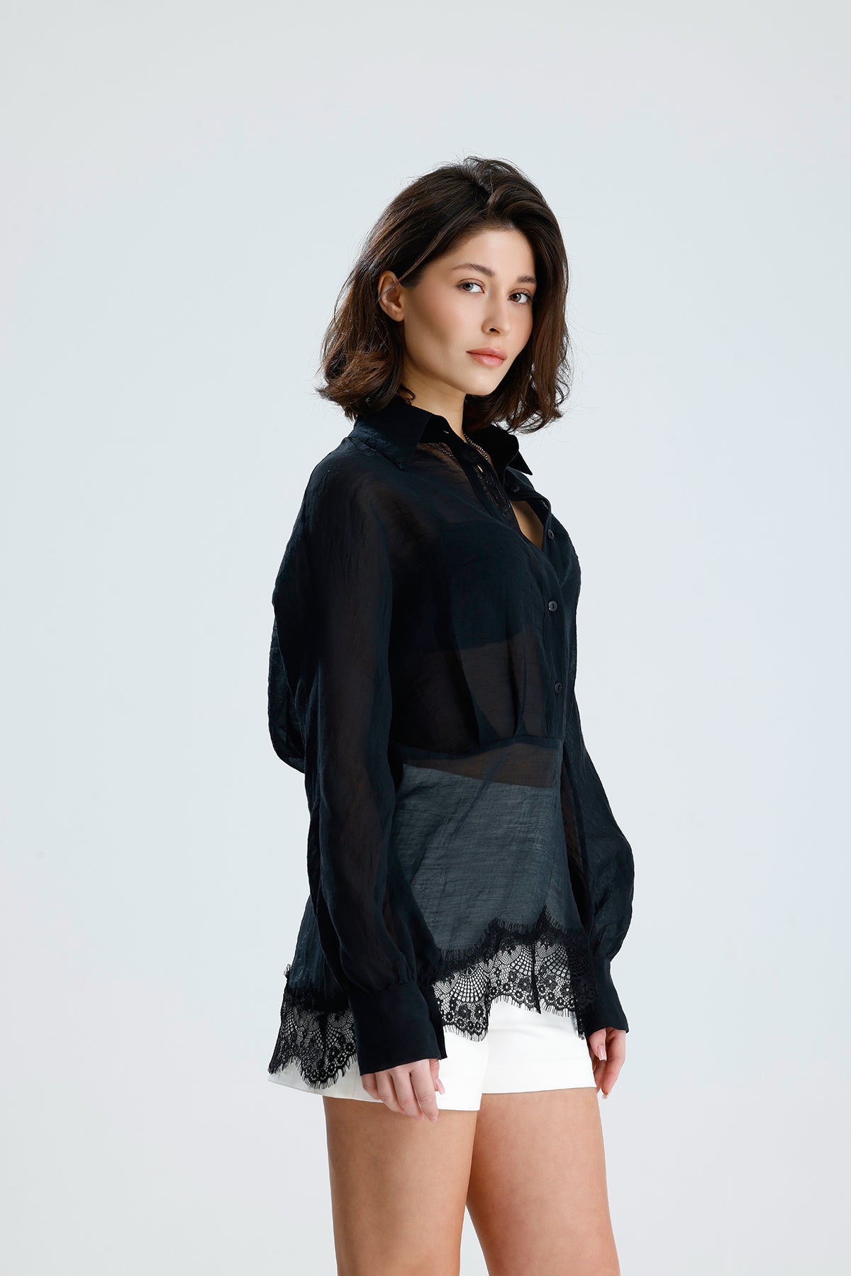Black Asymmetric Lace Detail Blouse