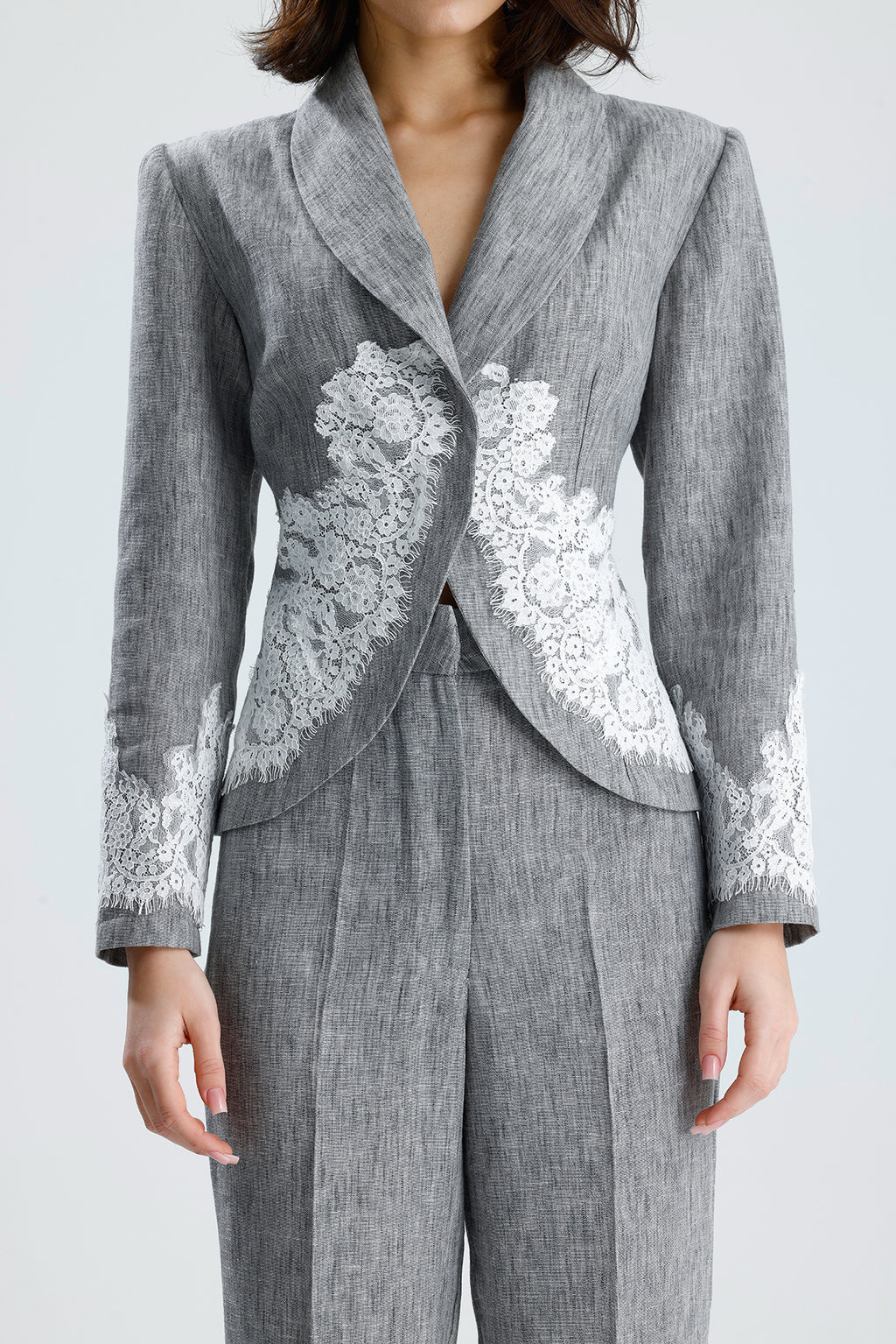 Gray Lace Embellished Tailored Set